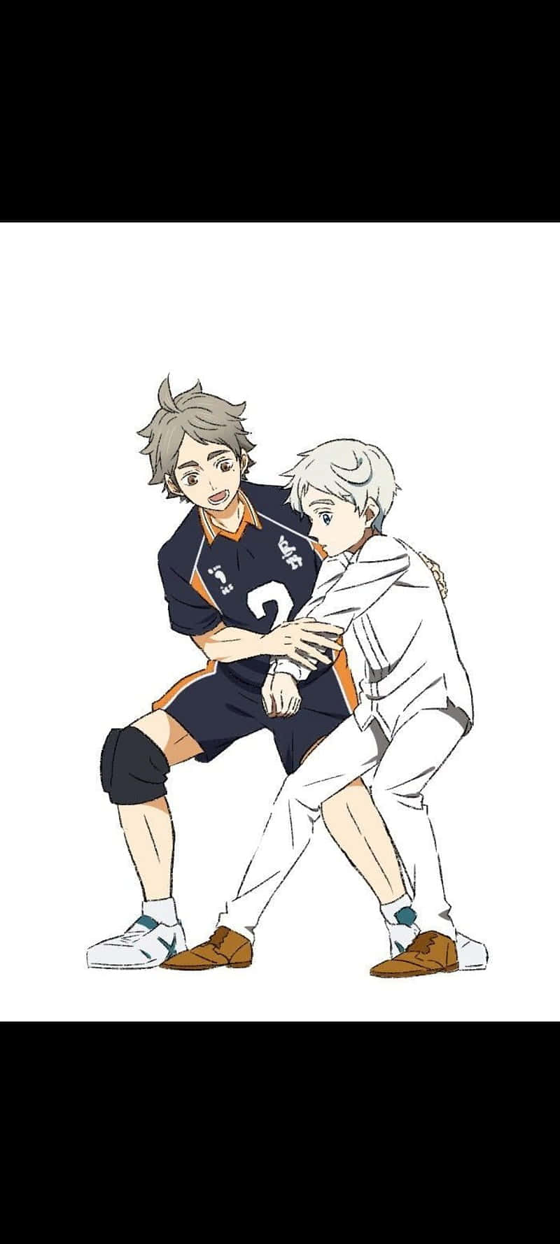 Haikyuu Fan Art 桌布 壁紙 — 兩個動漫排球運動員擺出動態姿勢，一個穿著深藍色球衣，另一個穿著白色，兩人都帶著堅定的表情。