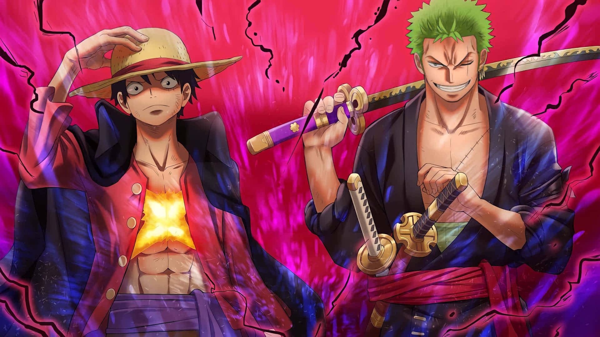 One Piece Characters 桌布 壁紙 — 兩個動漫海盜在噼啪作響的洋紅色背景前挑釁地站著，一個胸口發光，另一個揮舞著劍。