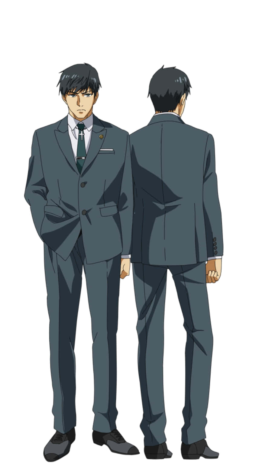 Koutarou Amon 桌布 壁紙 — 兩個動漫男人穿著相配的灰色西裝，在純白色背景前展示正面和背面。