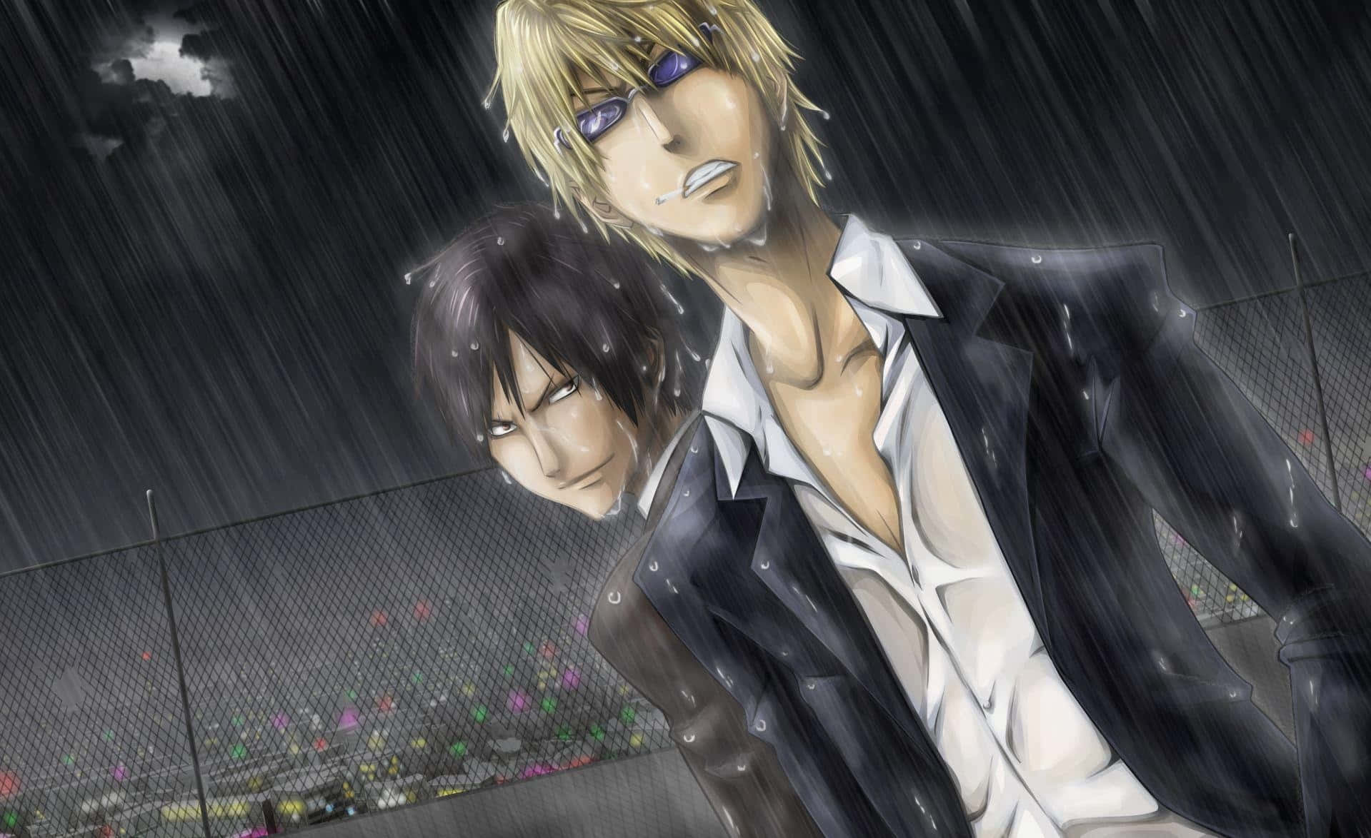 Kasuka Heiwajima 桌布 壁紙 — 兩個動漫男子站在大雨中，烏雲密布，下方有鐵絲網圍欄和彩色燈光。