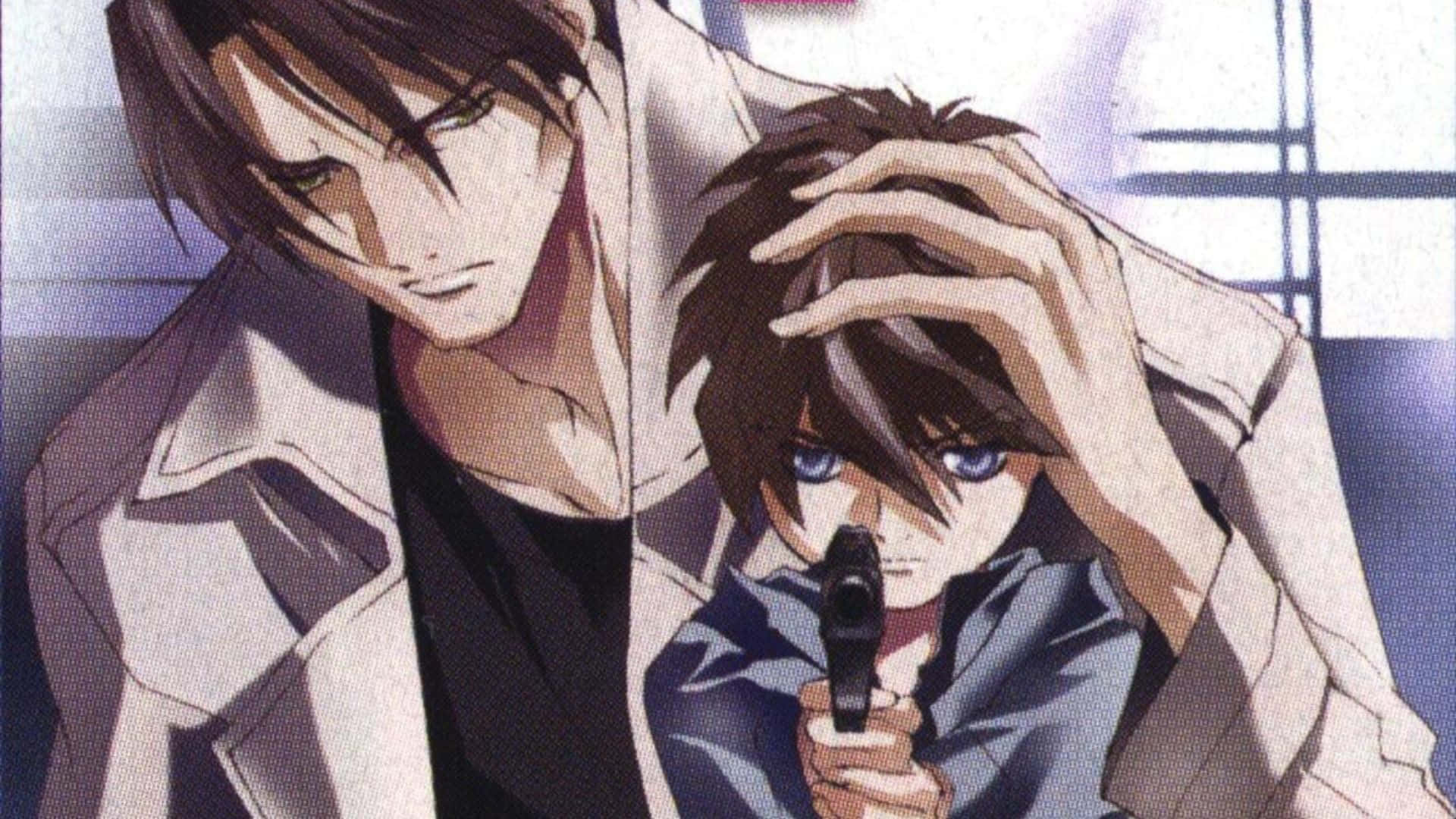 Heero Yuy 桌布 壁紙 — 兩個動漫男子緊張對峙，一人持槍，另一人表情陰沉地抓著頭。