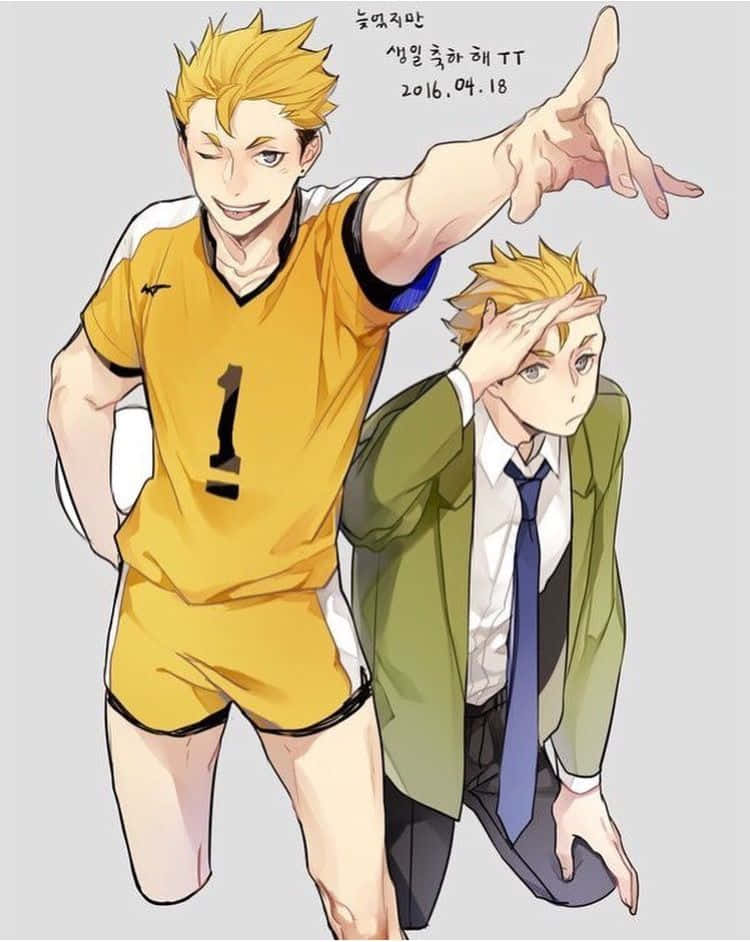 Johzenji High 桌布 壁紙 — 兩個動漫男孩，一個身穿黃色排球制服一號向前指，另一個身穿綠色西裝外套跪著手放在額頭上。