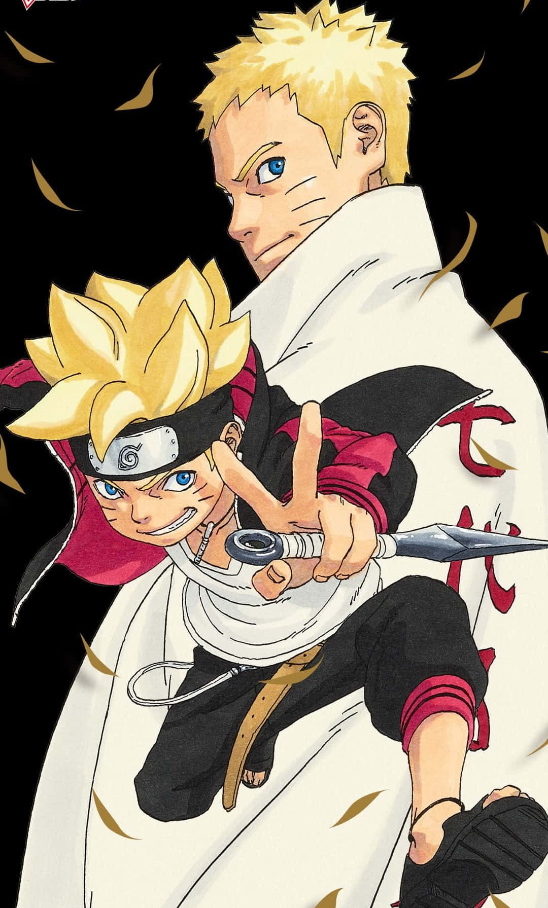 Boruto And Naruto 桌布 壁紙 — 兩個動漫男孩，金色刺蝟頭，在黑色背景上動態擺姿勢，金色葉子在他們周圍旋轉。