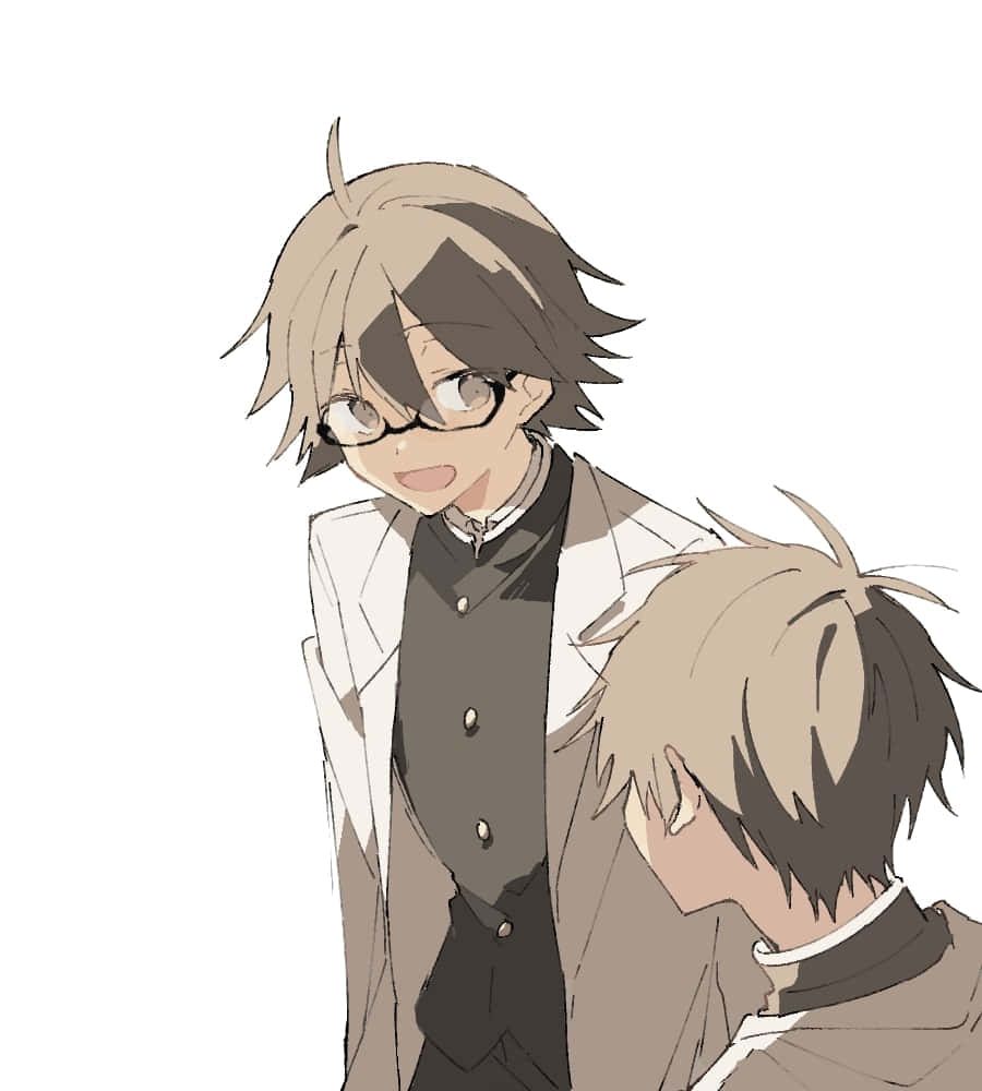 Shinra Kishitani 桌布 壁紙 — 兩個動漫男孩，頭髮凌亂，戴著眼鏡，在純白背景前分享溫暖的笑容。