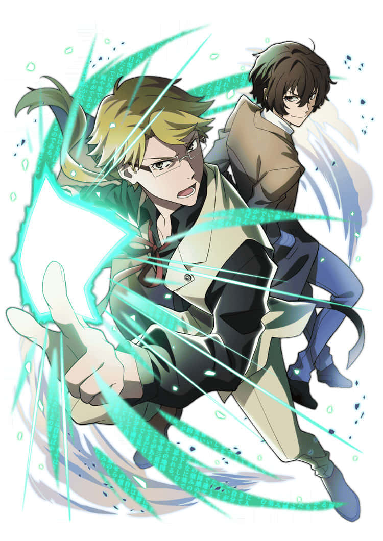 Kunikida 桌布 壁紙 — 兩個動漫男孩以動態動作姿勢，被發光的綠色能量條紋包圍，背景為白色。