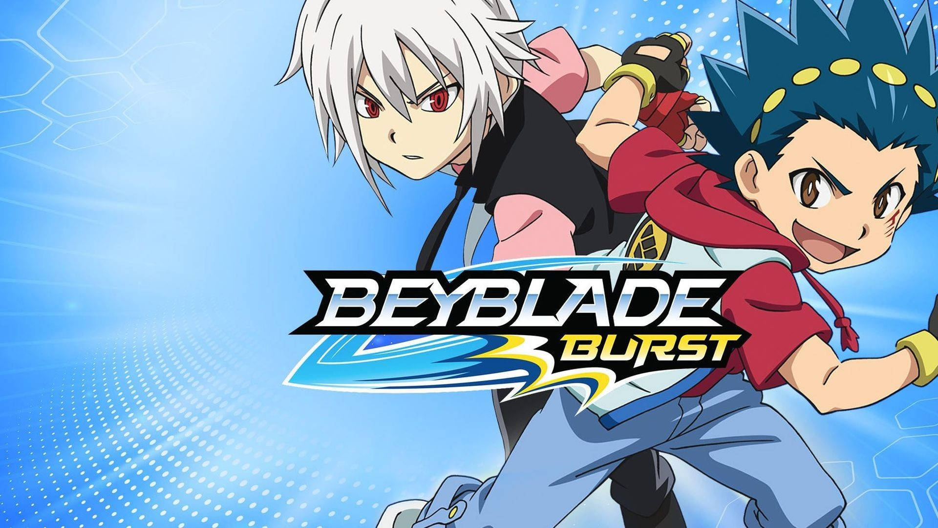 Beyblade 桌布 壁紙 — 兩個動漫男孩以動態姿勢與Beyblade Burst標誌在藍色放射狀背景上。