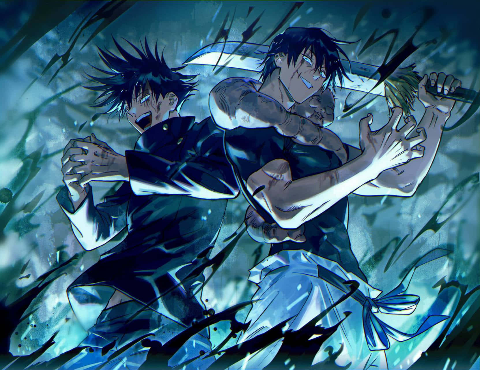 Toji Fushiguro 桌布 壁紙 — 兩個動漫男孩在暴風雨般的藍綠色戰鬥中，用劍和動態動作線交鋒。