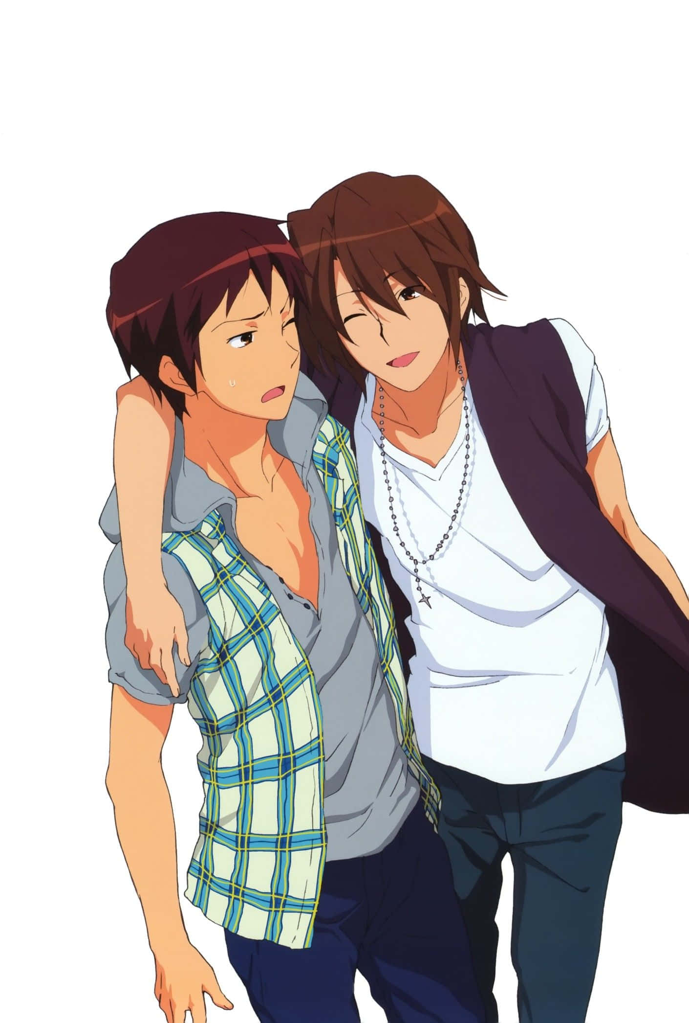 Itsuki Koizumi 桌布 壁紙 — 兩個動漫男孩在純白背景前溫暖擁抱。一個穿著格仔衫嘅男仔表情驚訝，另一個就溫柔微笑。