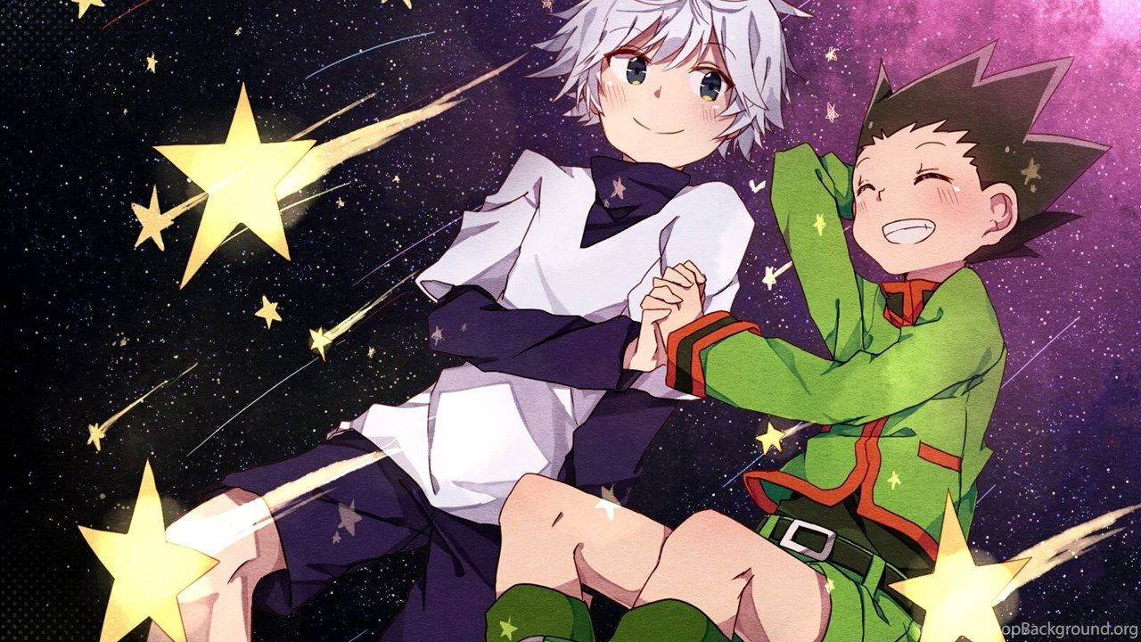 Gon And Killua 桌布 壁紙 — 兩個動漫男孩手牽手，在閃爍的星空夜空中對著流星微笑。