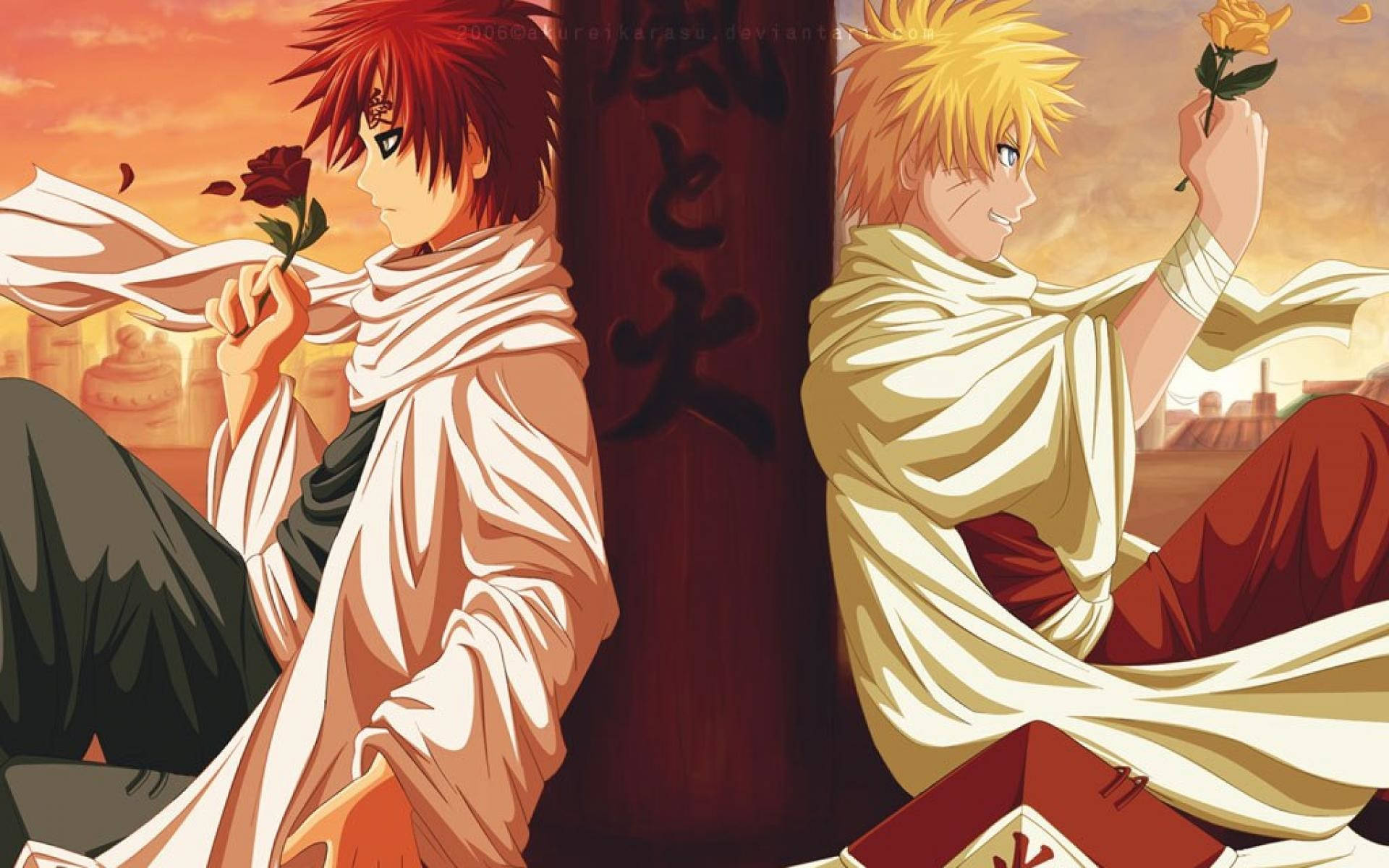 Gaara Red Rose 壁紙 — 兩個動漫男孩背對背坐著，手持玫瑰，背景是溫暖的日落天空，柱子上有日文文字。