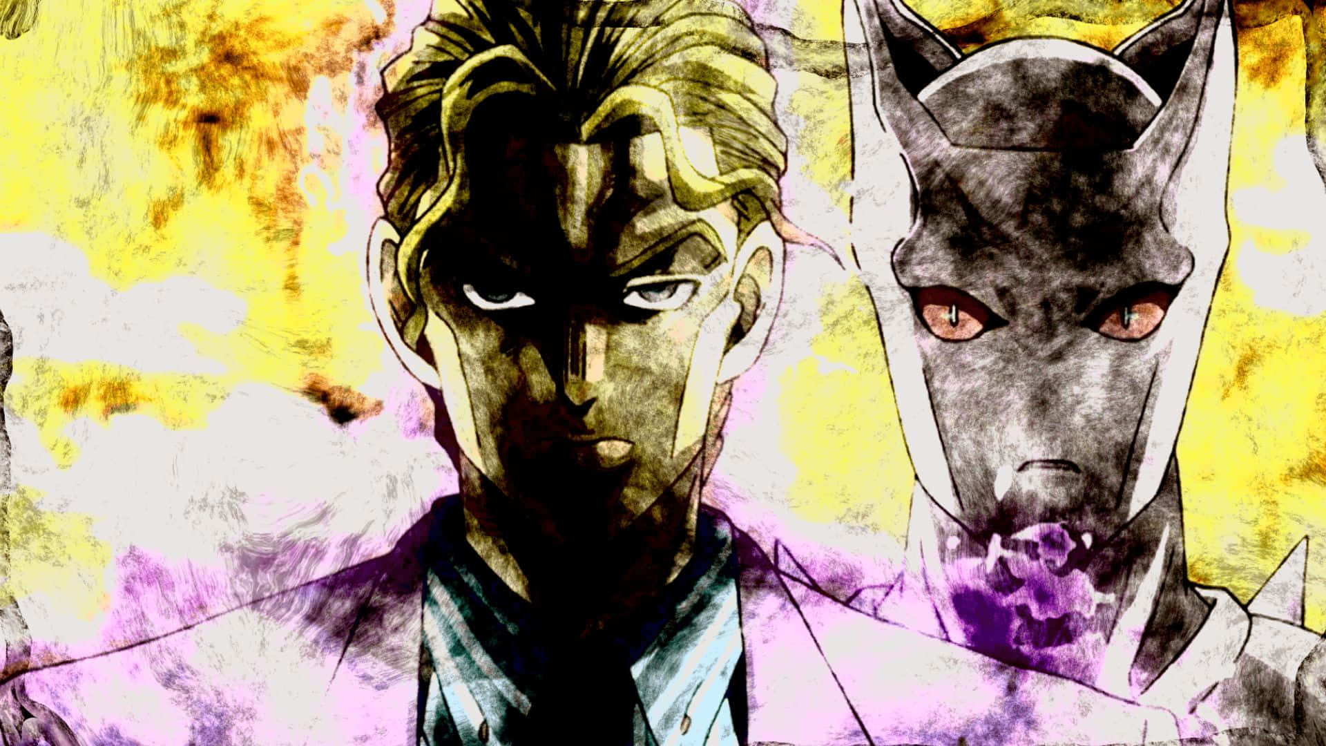 Kira Yoshikage 桌布 壁紙 — 兩個動漫角色，一個人類眼神銳利，另一個戴面具的角色眼睛發出紅光，背景是鮮豔的黃色和紫色。