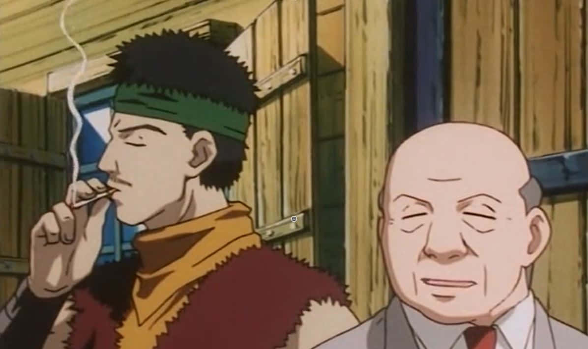 Hunter X Hunter Zebro 桌布 壁紙 — 兩個動漫角色，一個抽煙，另一個在木牆背景下平靜地微笑。