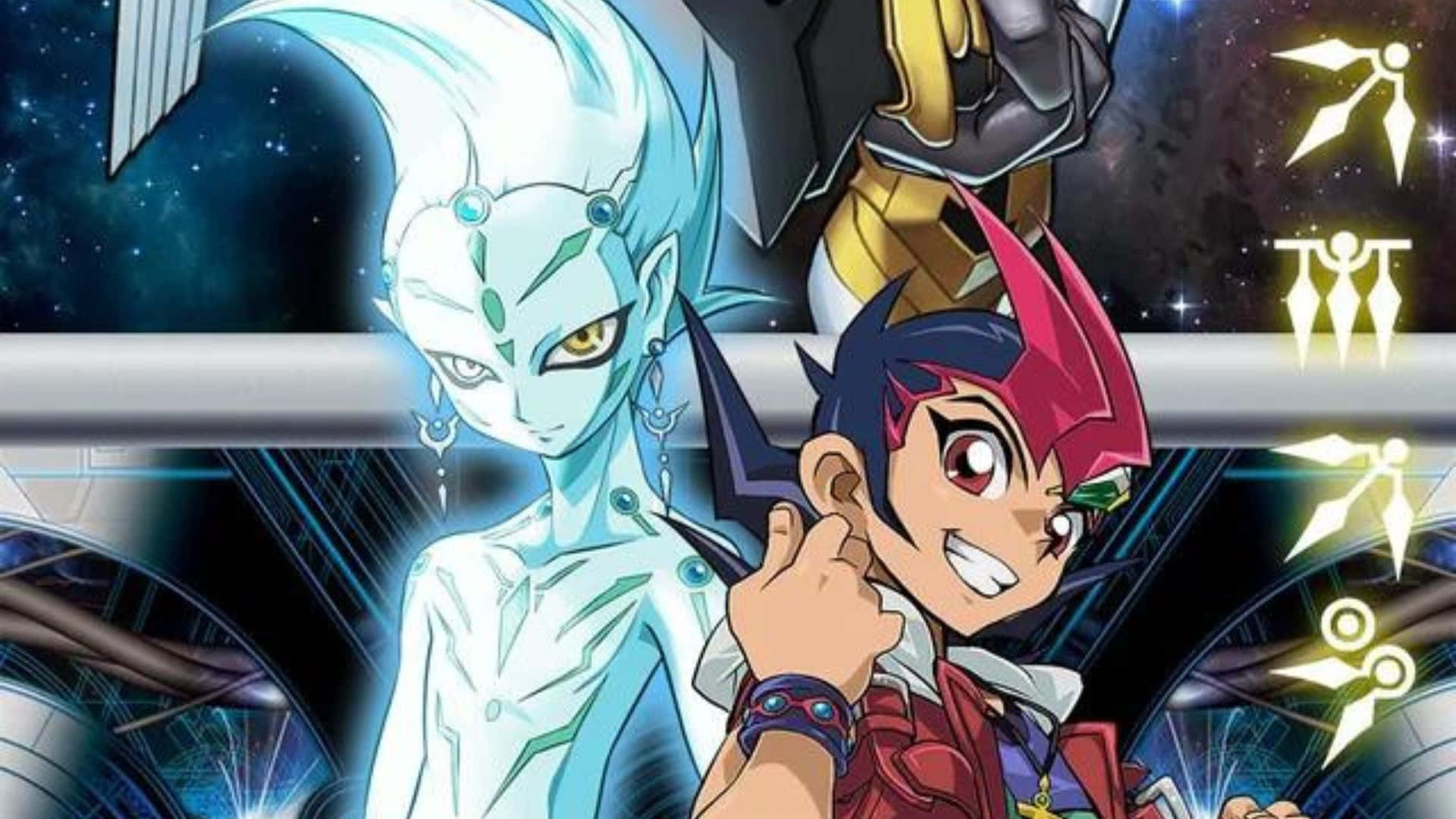 Yu-gi-oh Astral 桌布 壁紙 — 兩個動漫角色，一個擁有發光的藍色頭髮，另一個擁有紅色頭髮，站在星光閃爍的太空背景前，周圍有發光的符號。