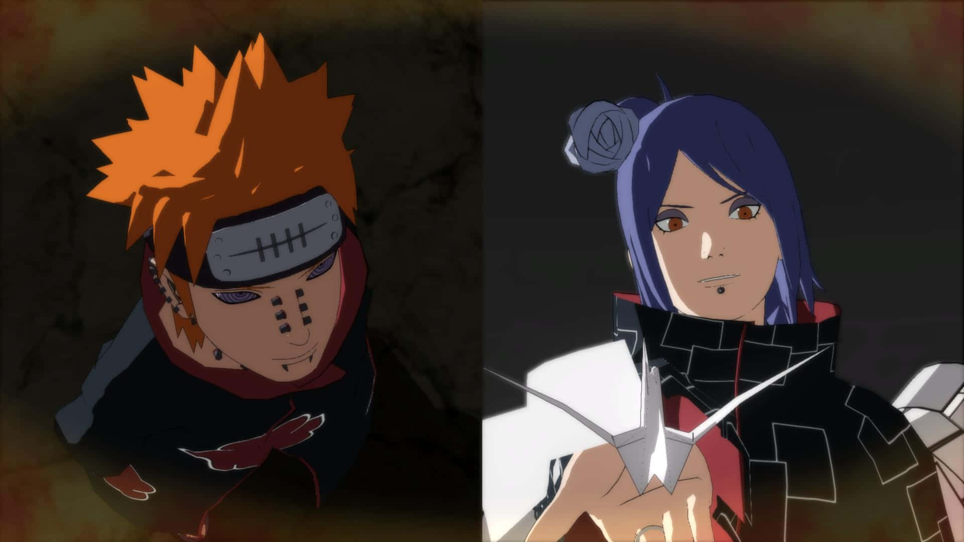 Konan 桌布 壁紙 — 兩個動漫角色，一個有尖刺橙色頭髮和頭帶，另一個有紫色頭髮拿著白色摺紙鶴。