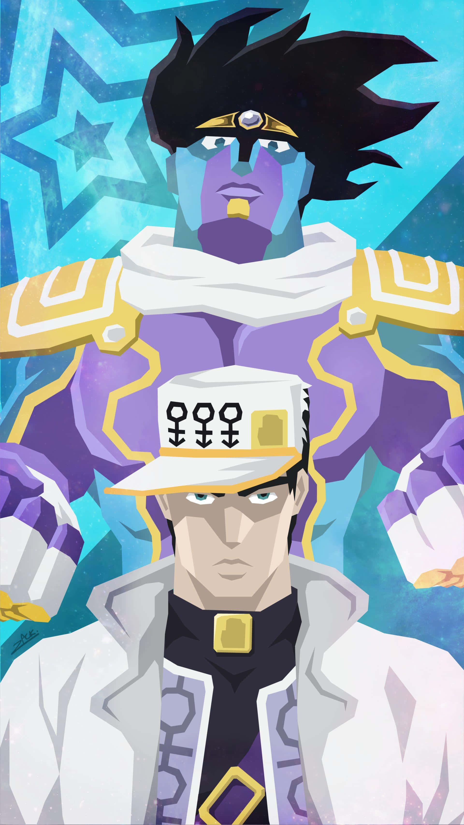 Jotaro 桌布 壁紙 — 兩個動漫角色，一個有紫色皮膚和星空背景，另一個穿著白色外套和帽子。