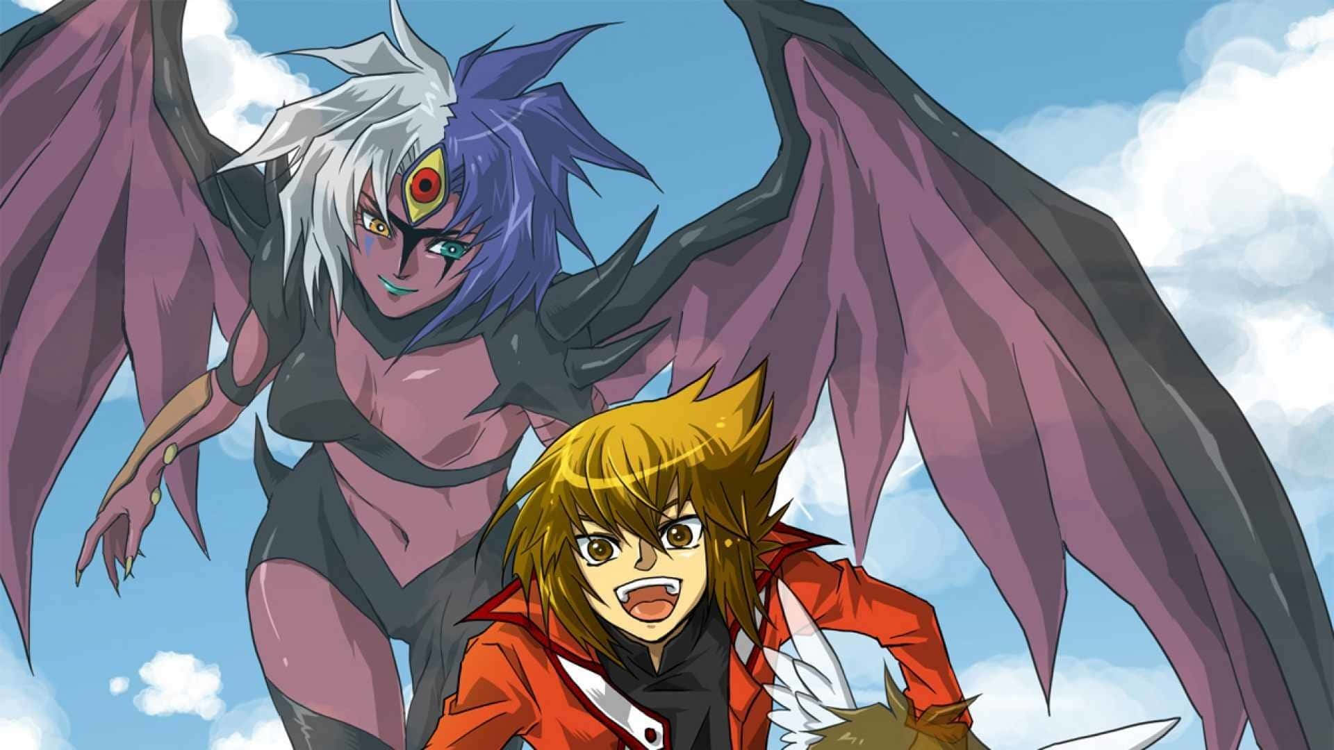 Jaden Yuki 桌布 壁紙 — 兩個動漫角色，一個有紫色翅膀和紅色眼睛，另一個穿著紅色外套，站在有雲的藍天下。