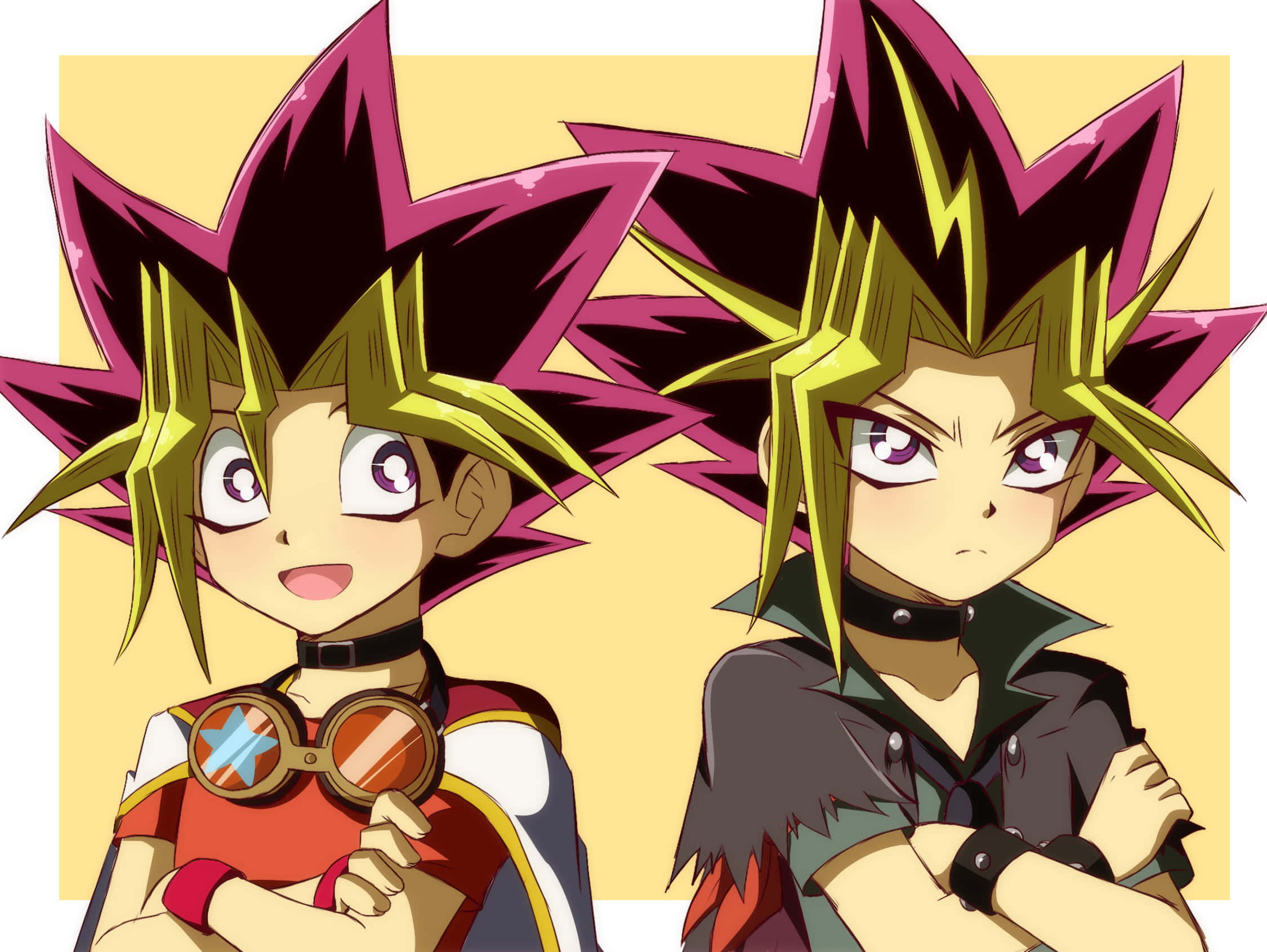 Yugi Muto 桌布 壁紙 — 兩個動漫角色，一個有黃色尖刺頭髮，一個有粉紅色尖刺頭髮，並排站立，一個微笑，一個嚴肅，背景是純黃色。