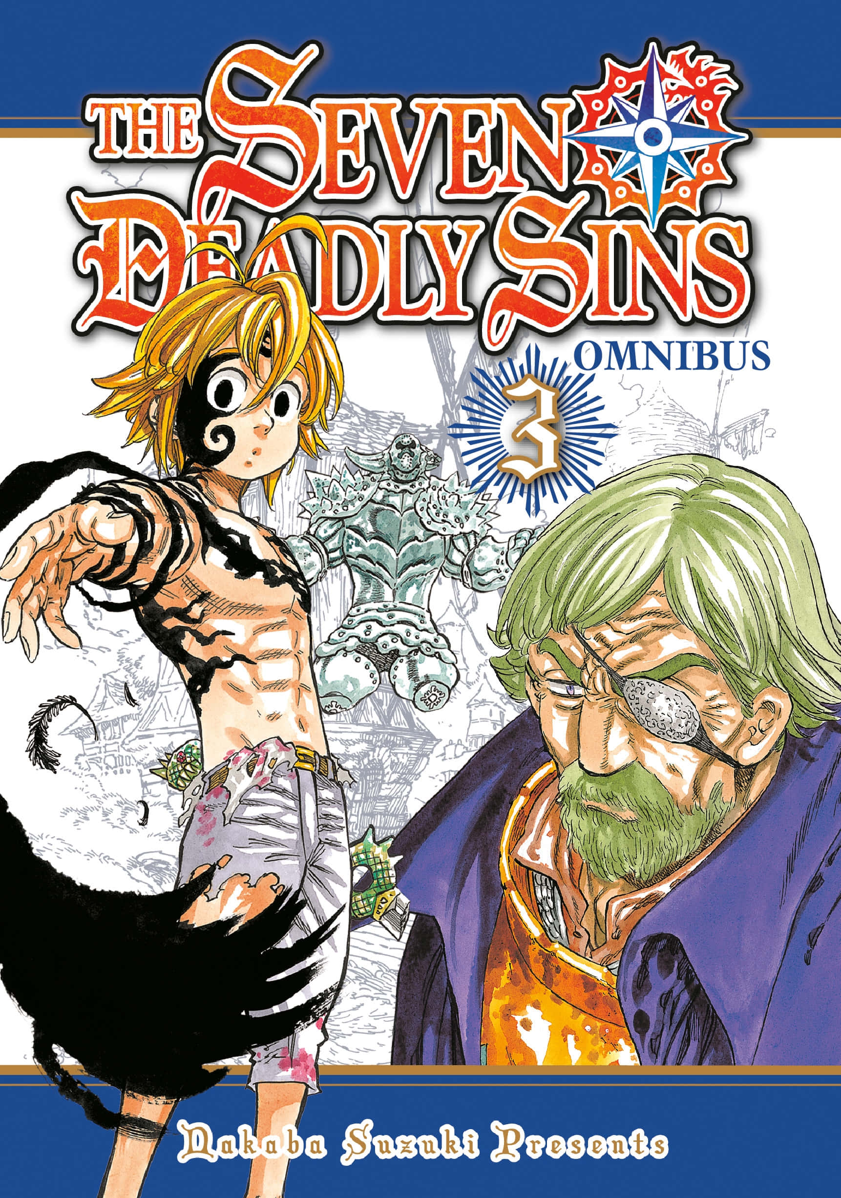 The Seven Deadly Sins 桌布 壁紙 — 兩個動漫角色，一個有黑色眼罩和綠色頭髮，另一個有金色頭髮和黑色標記，站在一個石像前。