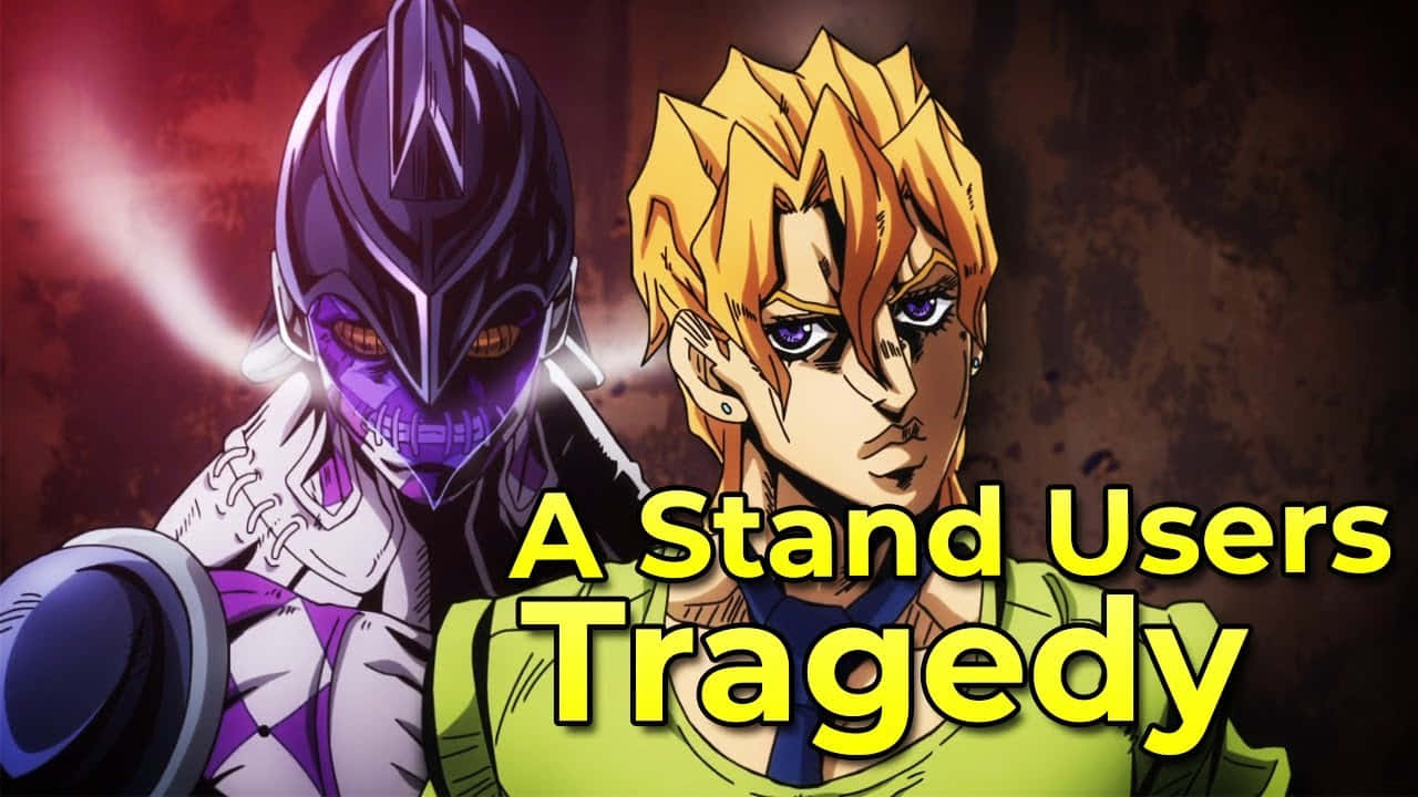 Pannacotta Fugo 桌布 壁紙 — 兩個動漫角色，一個穿著紫色盔甲，另一個有尖刺金髮，站在深紅色背景前，有粗體黃色文字寫著A Stand Users Tragedy。
