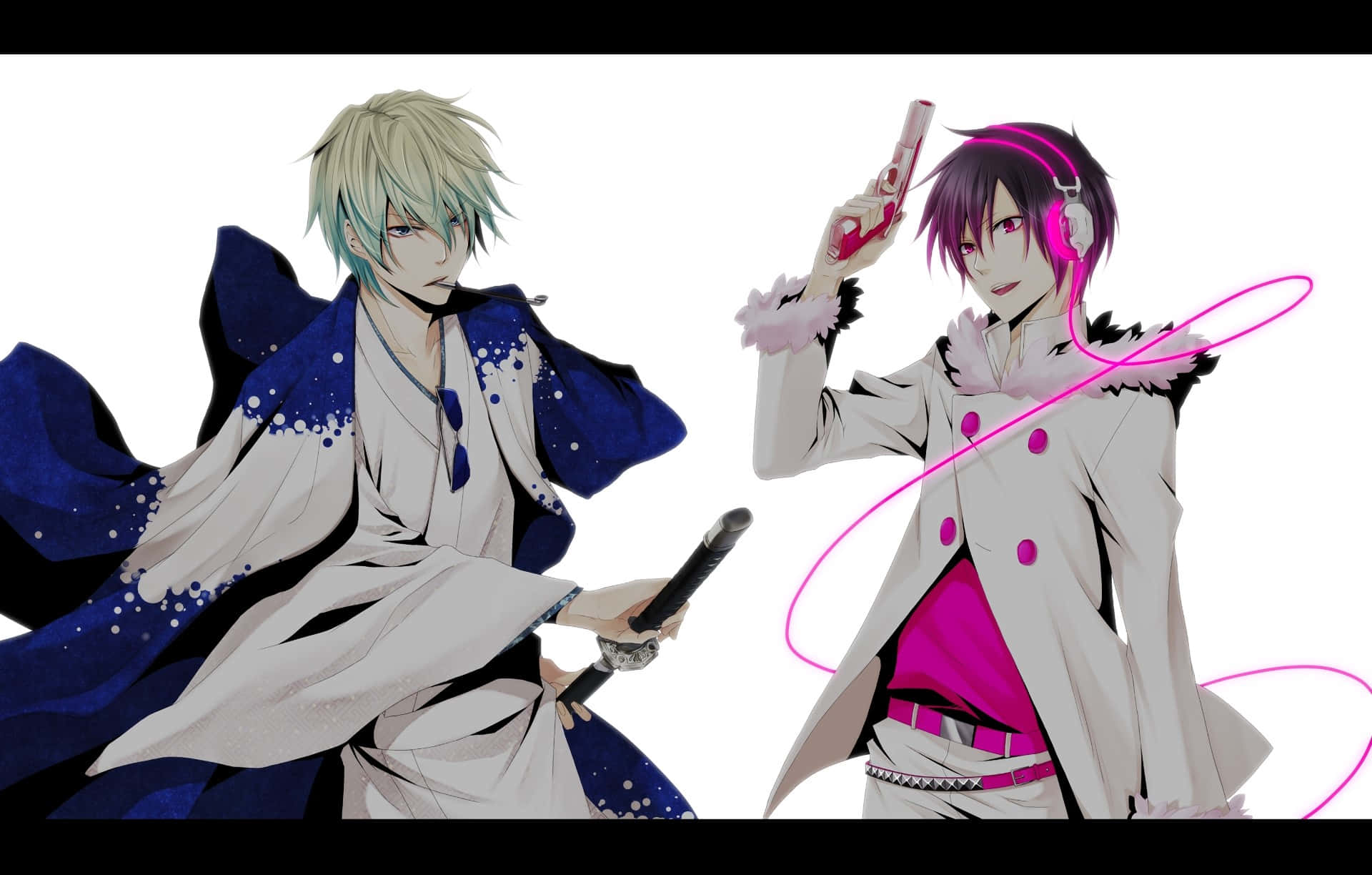Izaya Orihara 桌布 壁紙 — 兩個動漫角色，一個穿著藍白傳統服飾手持劍，另一個穿著粉白外套手持槍並帶有粉紅色能量漩渦。