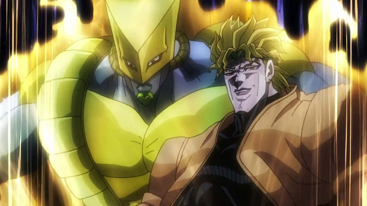 Dio The World 桌布 壁紙 — 兩個動漫角色，一個穿著金色盔甲，另一個有尖刺頭髮，站在熾熱的金色能量光束中。