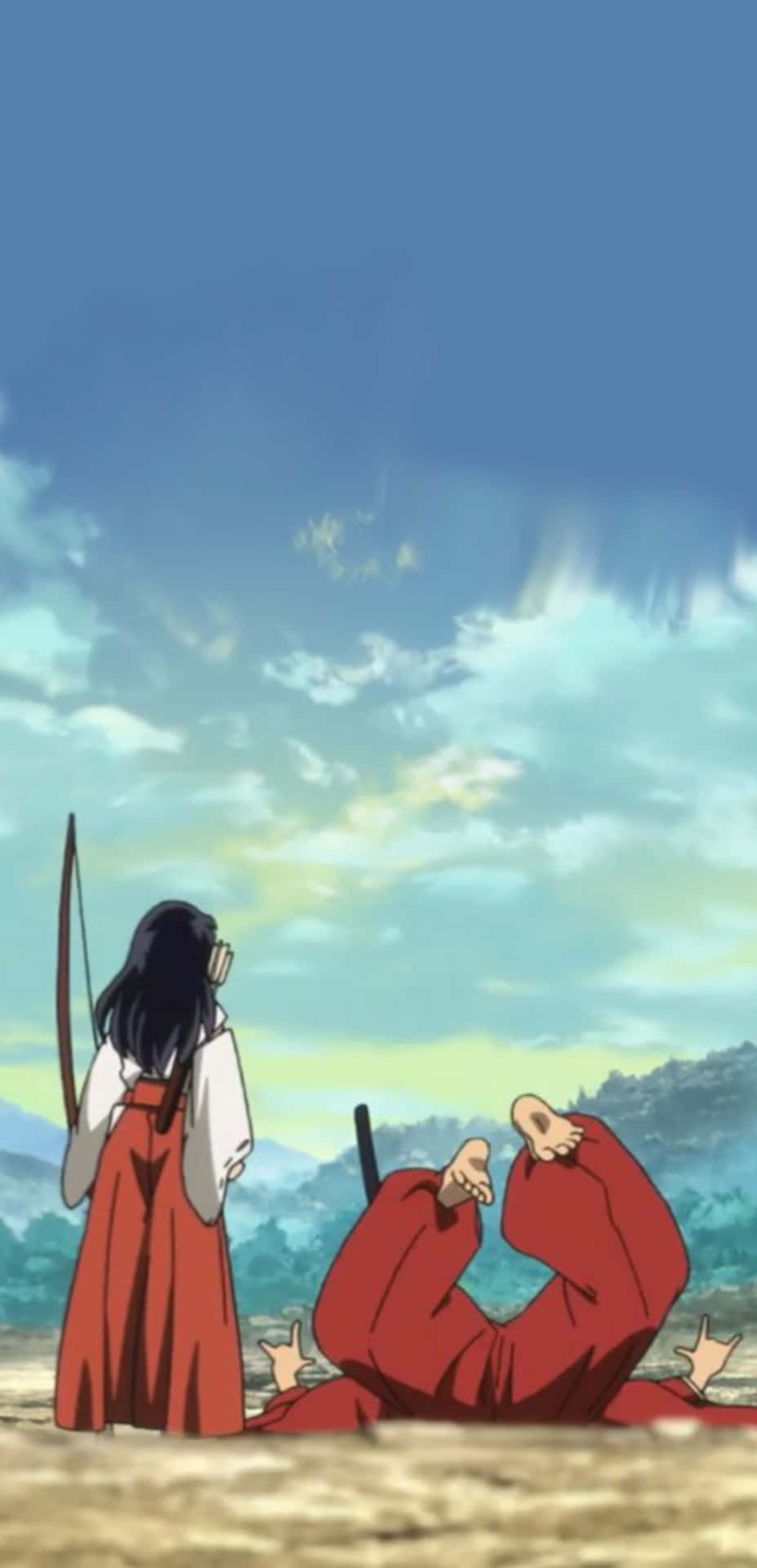 Setsuna 桌布 壁紙 — 兩個動漫角色，一個站立持弓，另一個身穿紅袍坐著，背景是廣闊的藍天白雲。