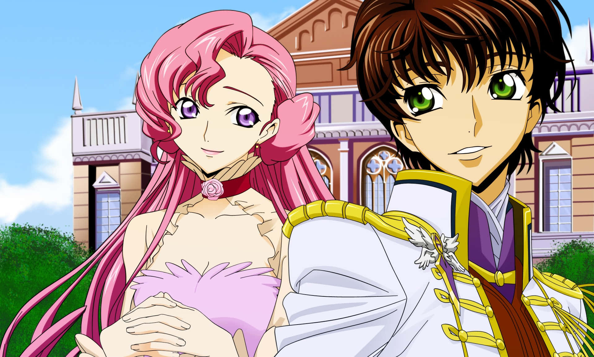 Euphemia Li Britannia 桌布 壁紙 — 兩個動漫角色，一個粉紅色頭髮的女孩和一個棕色頭髮的男孩，一起站在晴朗藍天下的一座宏偉豪宅前。