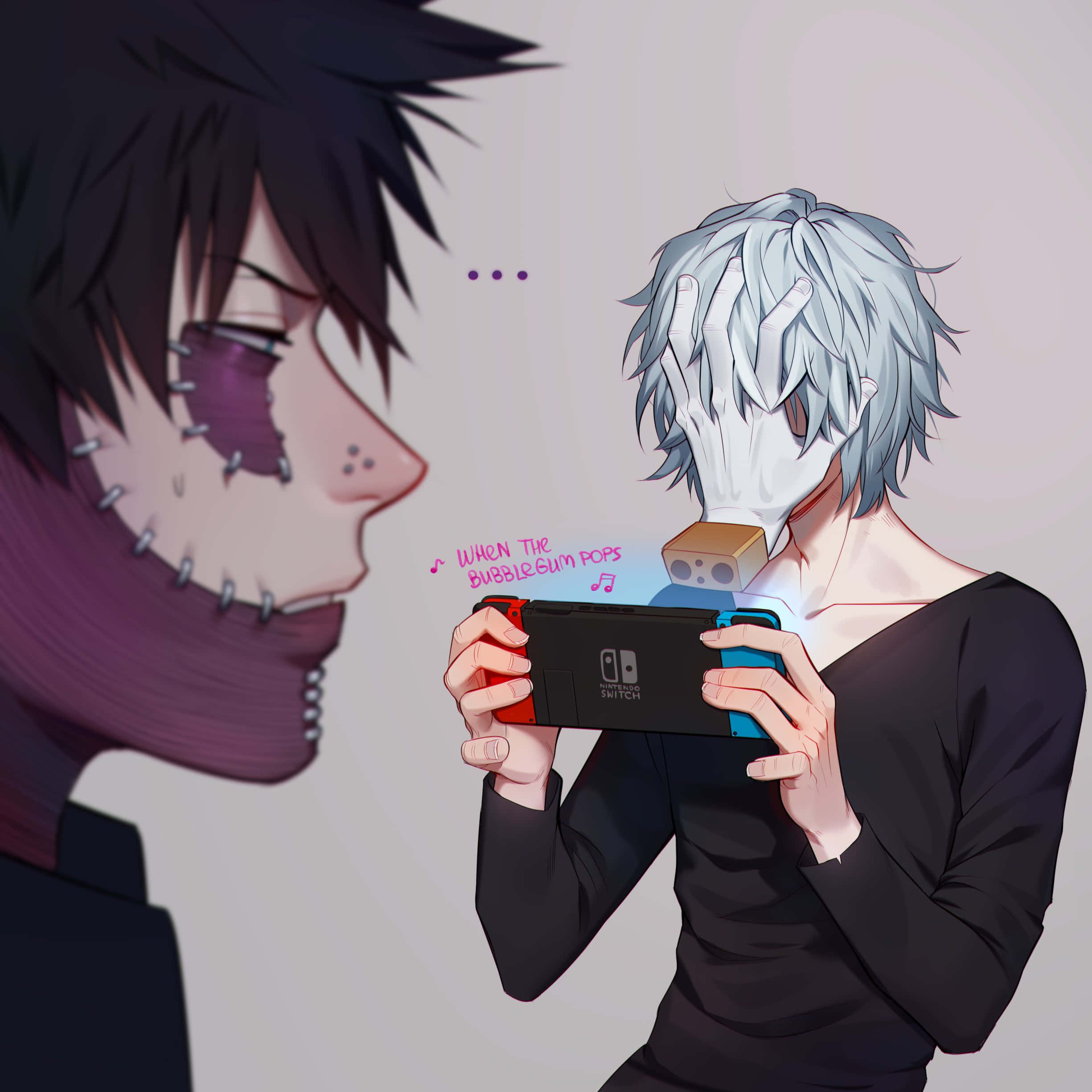 Tomura Shigaraki 桌布 壁紙 — 兩個動漫角色，一個臉上有縫線，看著另一個銀髮角色玩Nintendo Switch，伴隨著泡泡糖流行音樂。