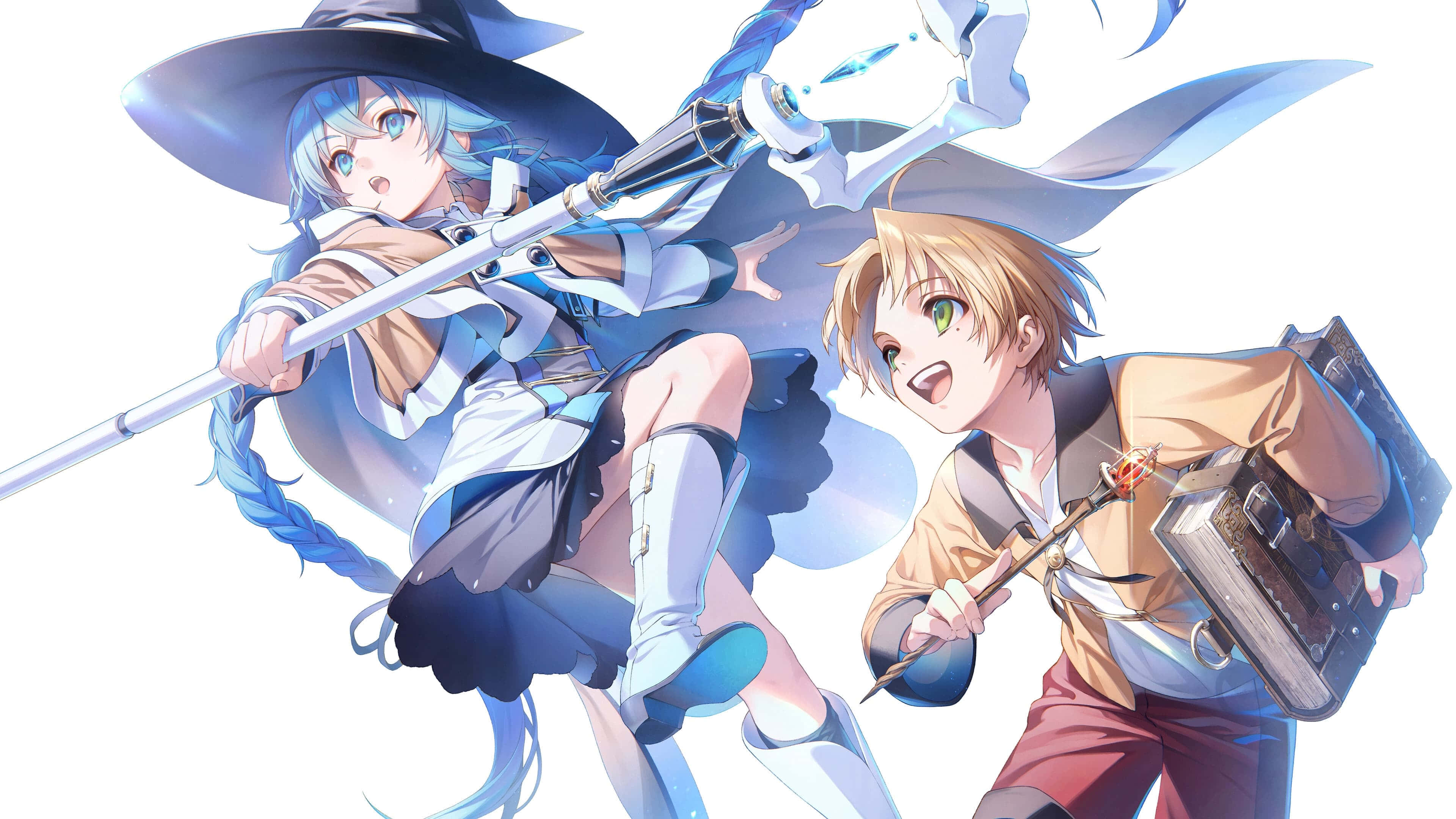 Mushoku Tensei 桌布 壁紙 — 兩個動漫角色，一個藍髮女巫拿著魔杖，一個金髮男孩拿著書本和魔法棒，在明亮的白色背景前動態擺姿勢。