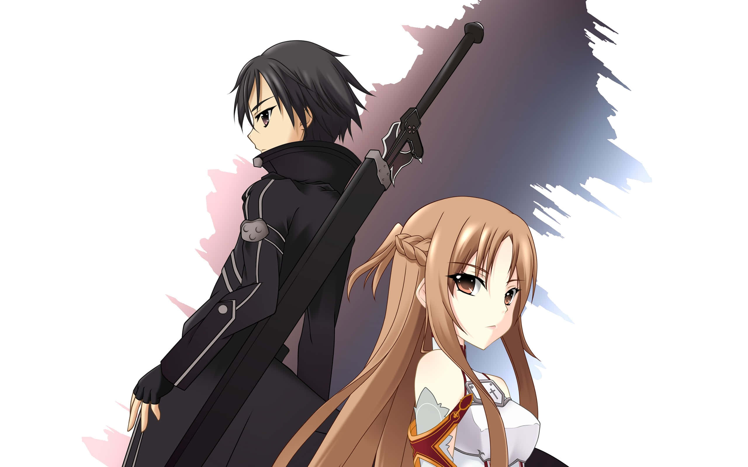 Kazuto Kirigaya 桌布 壁紙 — 兩個動漫角色，一個身穿深色衣服、手持劍的男性，和一個身穿盔甲的金髮女性，站在風格化的粉紅色和藍色背景前。