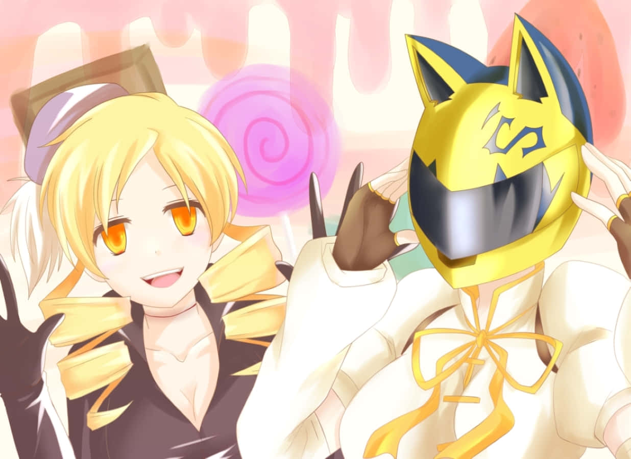 Celty Sturluson 桌布 壁紙 — 兩個動漫角色，一個金髮橙眼，另一個戴著黃色貓咪頭盔，手持巨型粉紅色棒棒糖。