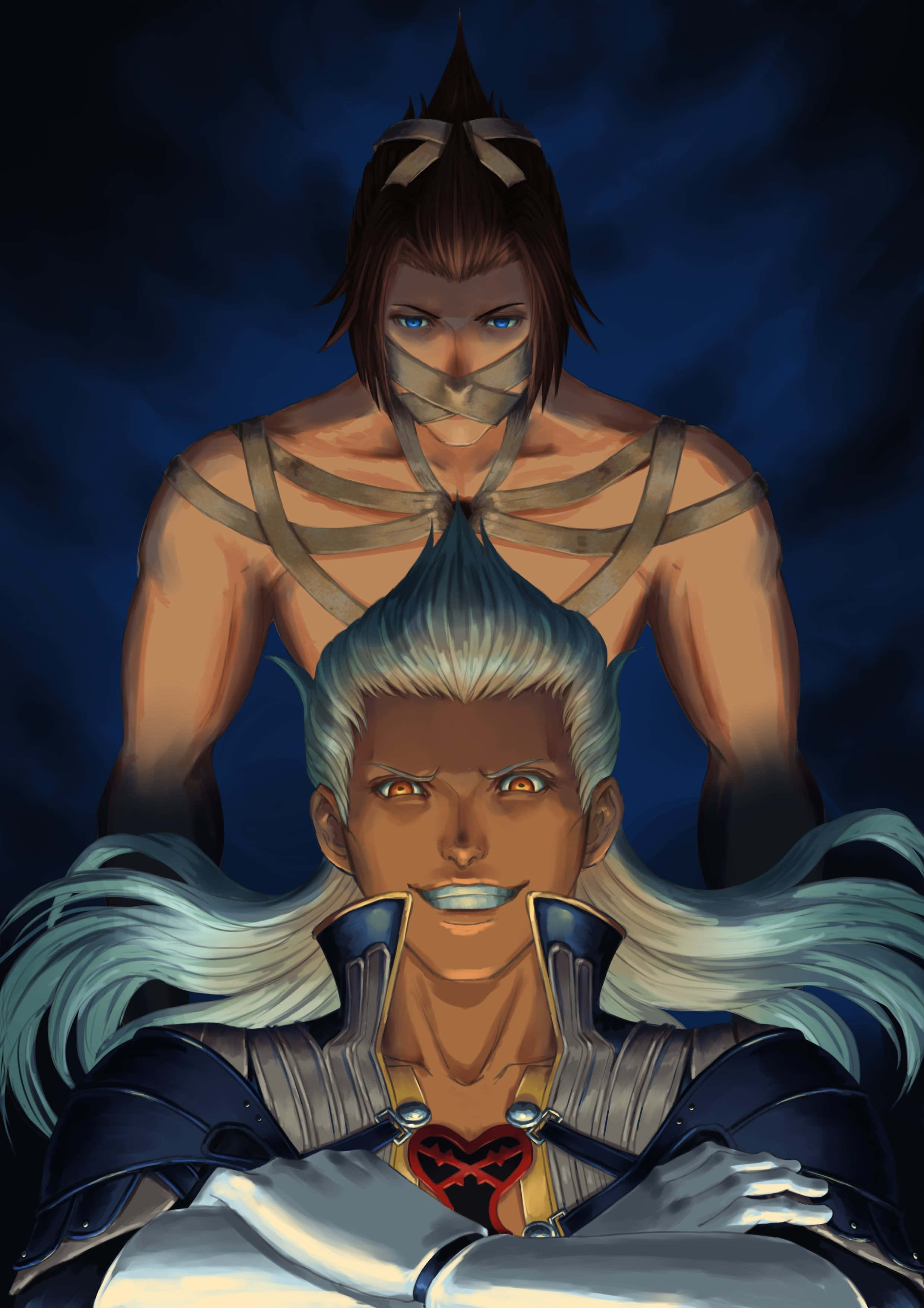 Ansem Seeker Of Darkness 桌布 壁紙 — 兩個動漫角色，一個銀髮帶有心形標誌，另一個棕髮帶有肩帶，背景為深藍色。
