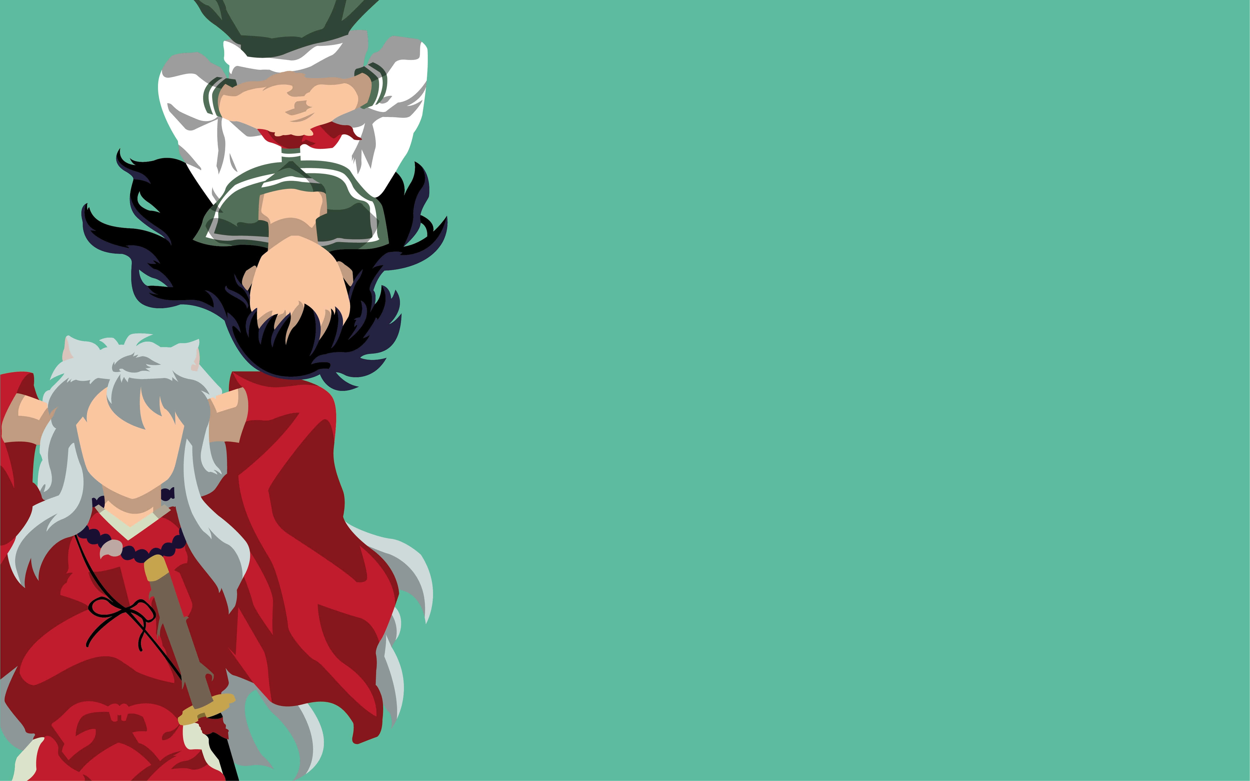 Kagome Higurashi 桌布 壁紙 — 兩個動漫角色，一個銀髮持劍，另一個黑髮，兩者倒立於青綠色背景上。