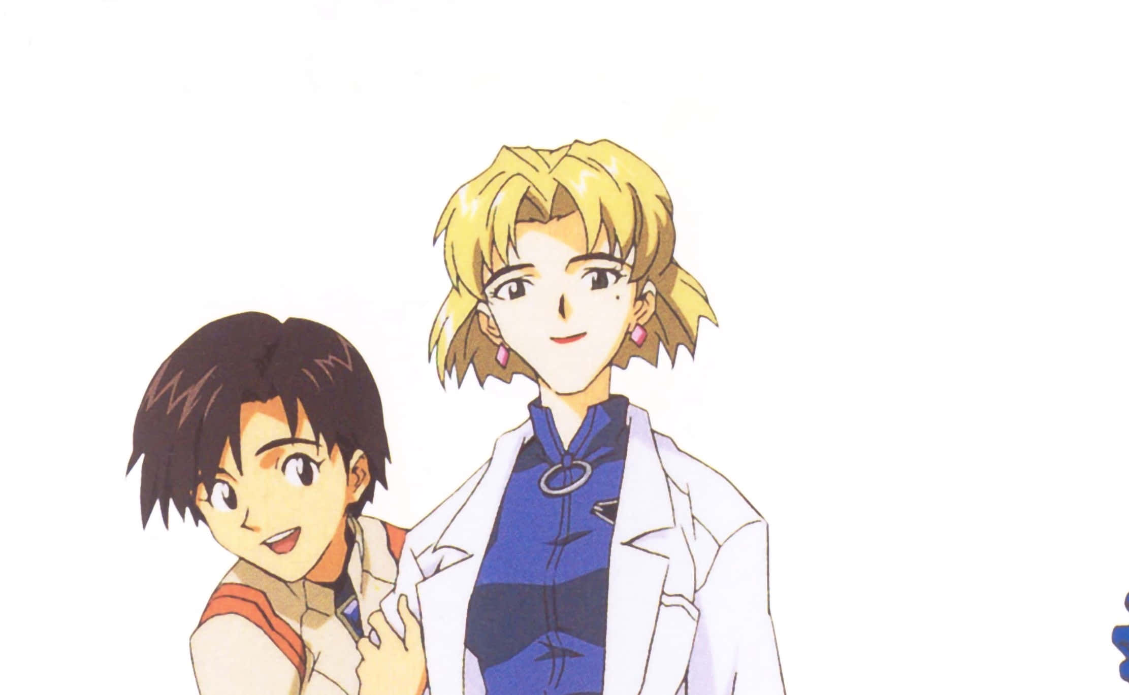 Maya Ibuki 桌布 壁紙 — 兩個動漫角色，一個黑髮男孩和一個金髮女孩穿著白色實驗室外套，在純白色背景前微笑。