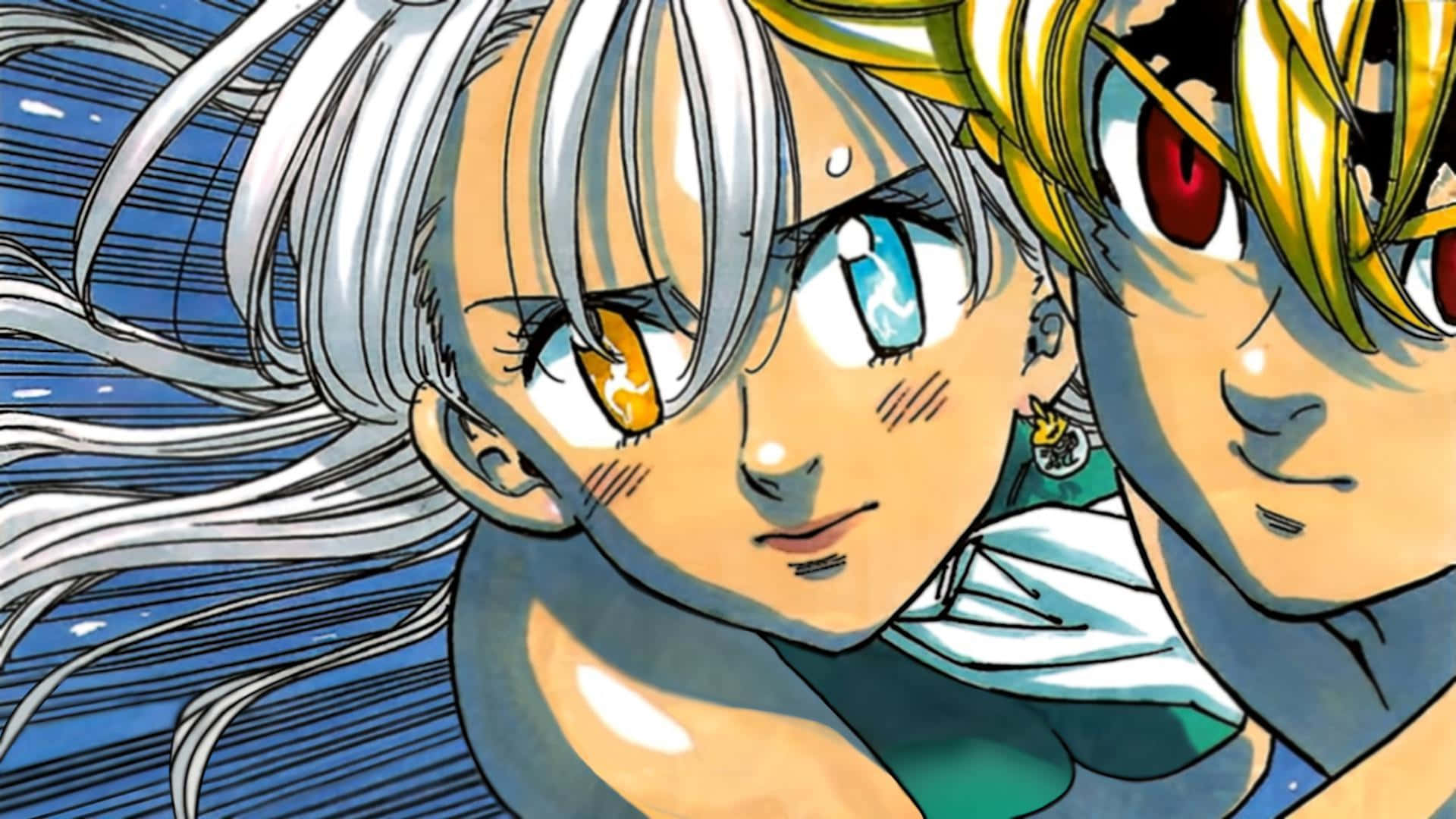 Seven Deadly Sins Elizabeth Liones 桌布 壁紙 — 兩個動漫角色，一頭銀髮一頭金髮，在動態的藍色背景下凝視著對方。