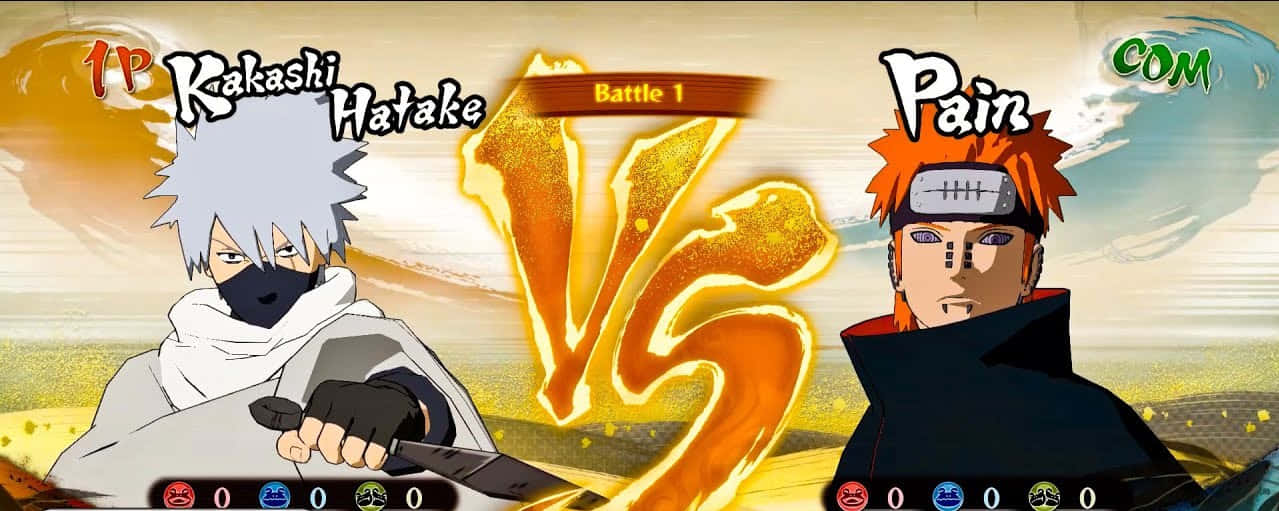 Kakashi And Pain 桌布 壁紙 — 兩個動漫角色，卡卡西和佩恩，在火熱的對決場景中對峙，並帶有發光的金色文字。