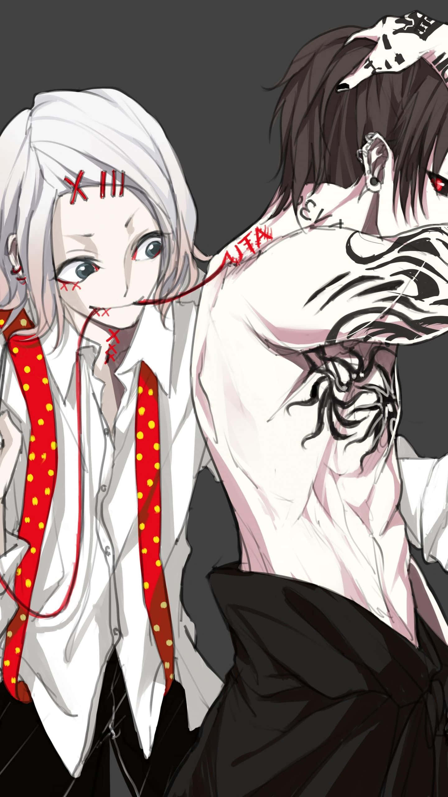 Tokyo Ghoul Uta 桌布 壁紙 — 兩個動漫角色，帶有縫合的傷口和紅線連接，背景為深灰色。