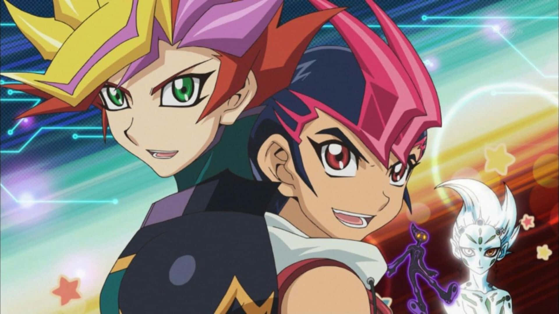 Yu-gi-oh Astral 桌布 壁紙 — 兩個動漫角色，擁有尖刺彩色頭髮和發光的眼睛，自信地站在充滿星星和能量線的鮮豔數位背景前。