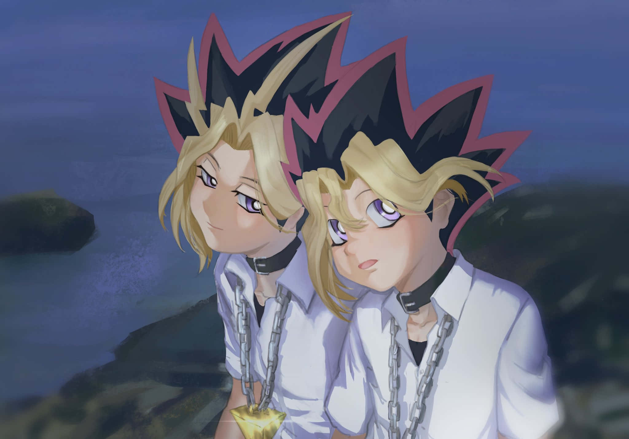 Yami Yugi 桌布 壁紙 — 兩個動漫角色，擁有尖刺金髮和鎖鏈，在暮色海岸背景下緊密站在一起。