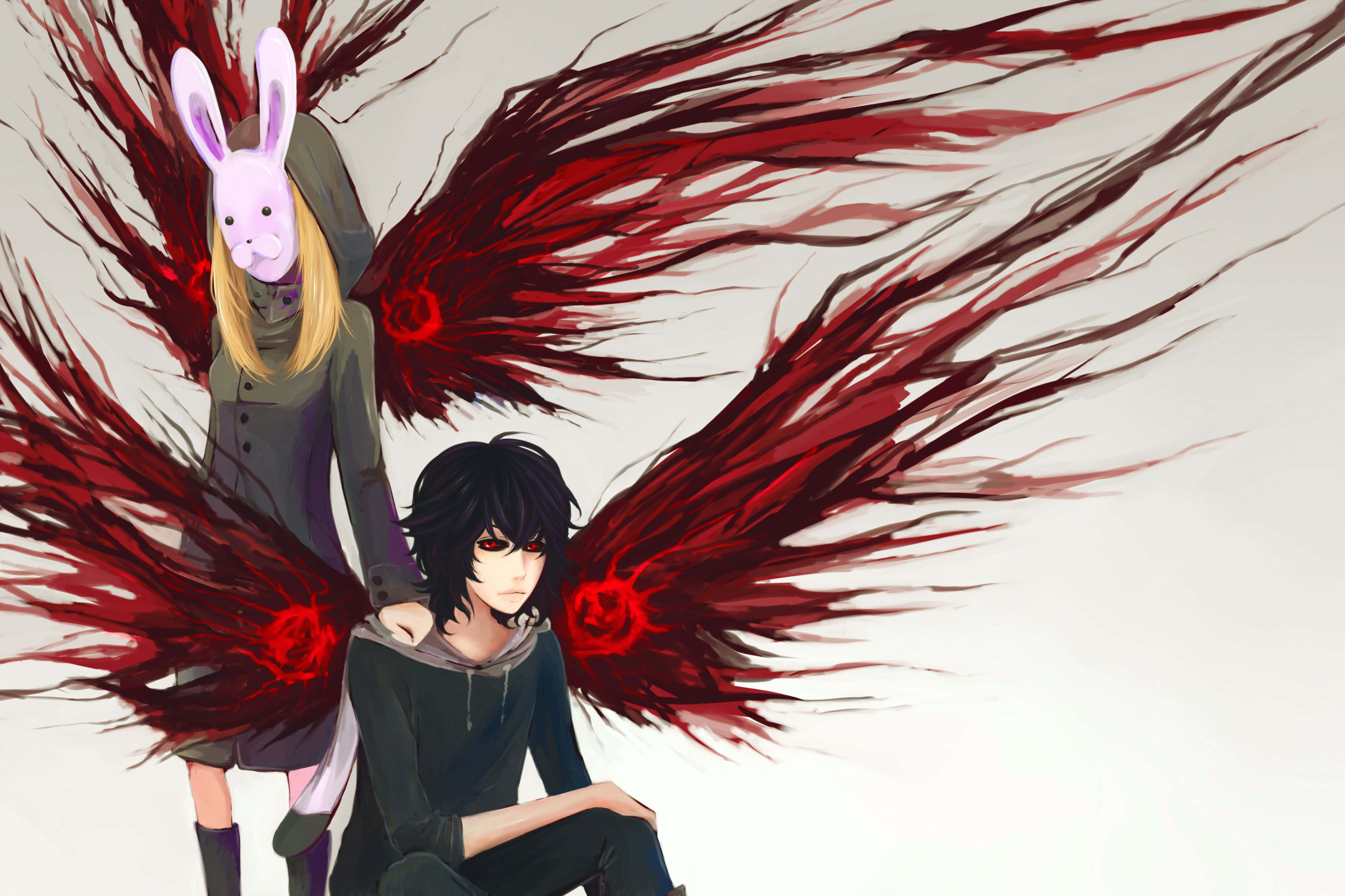 Ayato Kirishima 桌布 壁紙 — 兩個動漫角色，擁有戲劇性的紅色羽毛翅膀，一個戴著兔子面具，另一個有深色頭髮和紅色眼睛。