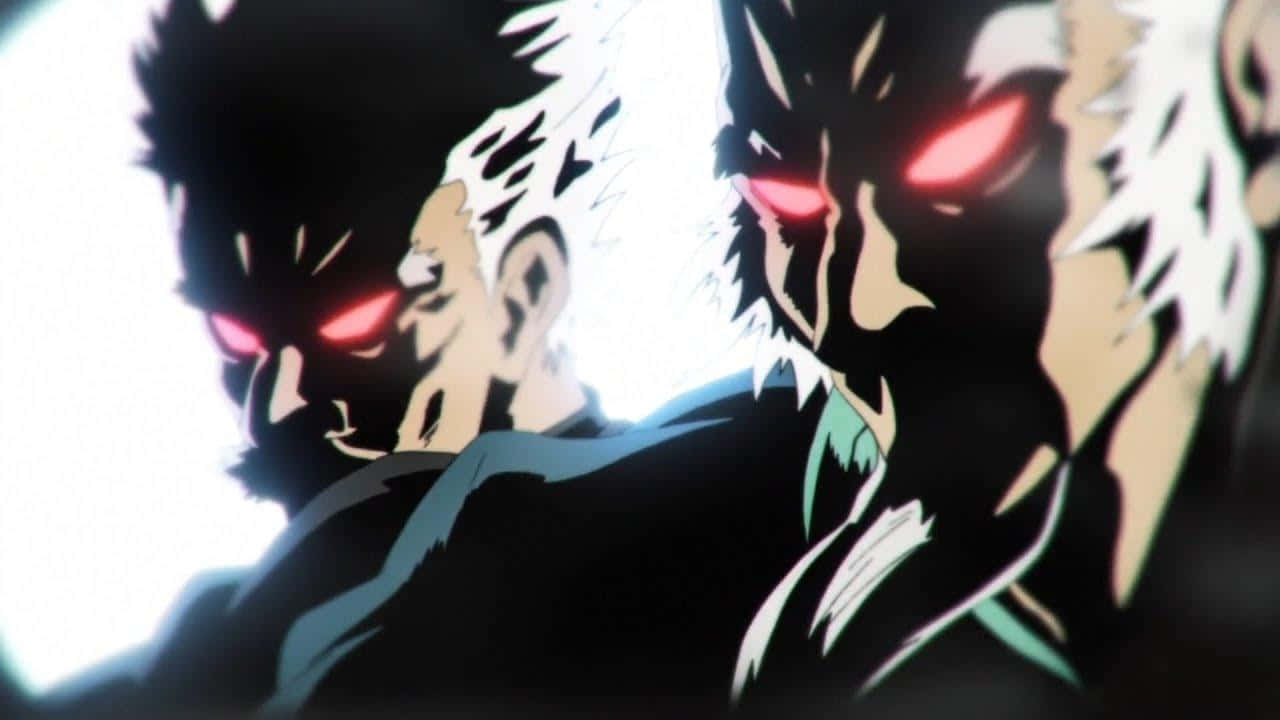 One Punch Man Bang 桌布 壁紙 — 兩個動漫角色，擁有發光的紅色眼睛和尖刺頭髮，在明亮的白色背景下強烈凝視。