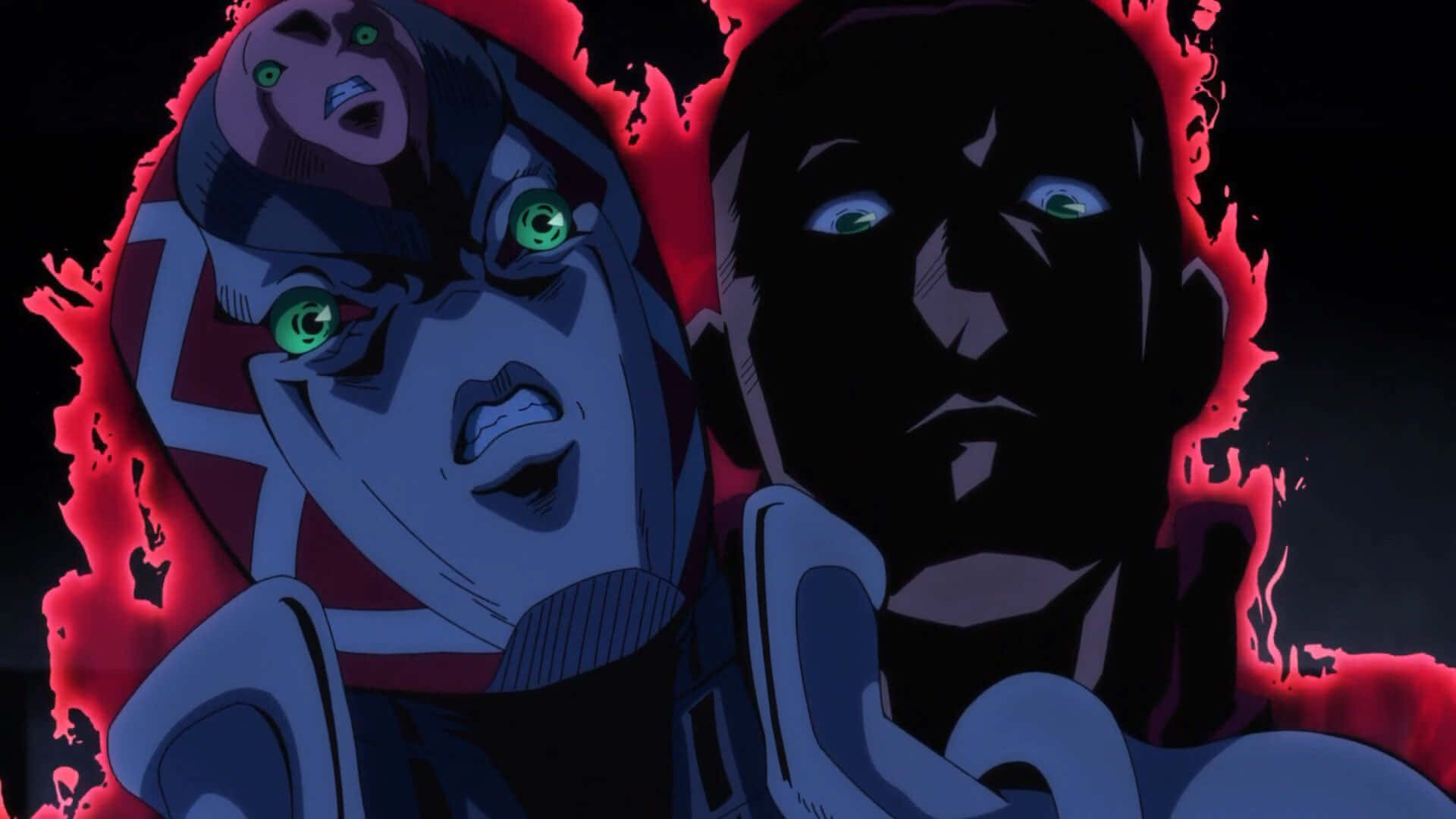 Jojo King Crimson 桌布 壁紙 — 兩個動漫角色，擁有發光的綠色眼睛和紅色能量爆發，背景為深色。