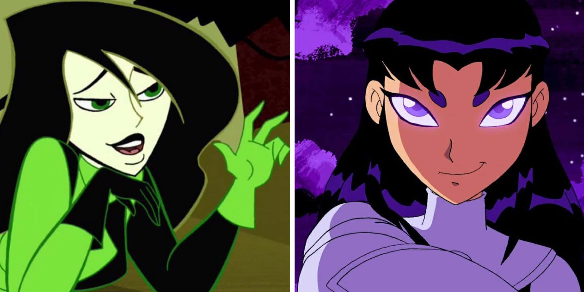 Cartoon Villains 桌布 壁紙 — 兩個動漫角色，眼睛發光，一個綠色一個紫色，背景黑暗。