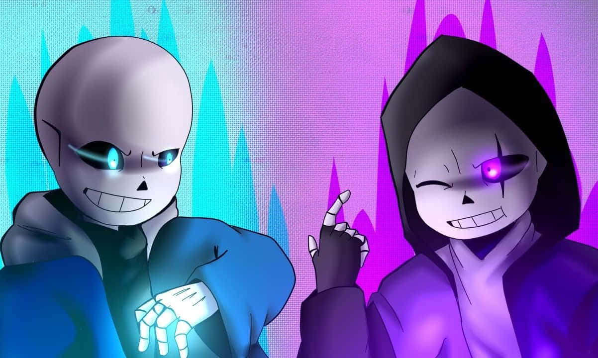 sans 桌布 壁紙 — 兩個動漫角色，眼睛發光，身穿連帽服裝，站在充滿活力的藍色和紫色鋸齒背景前。