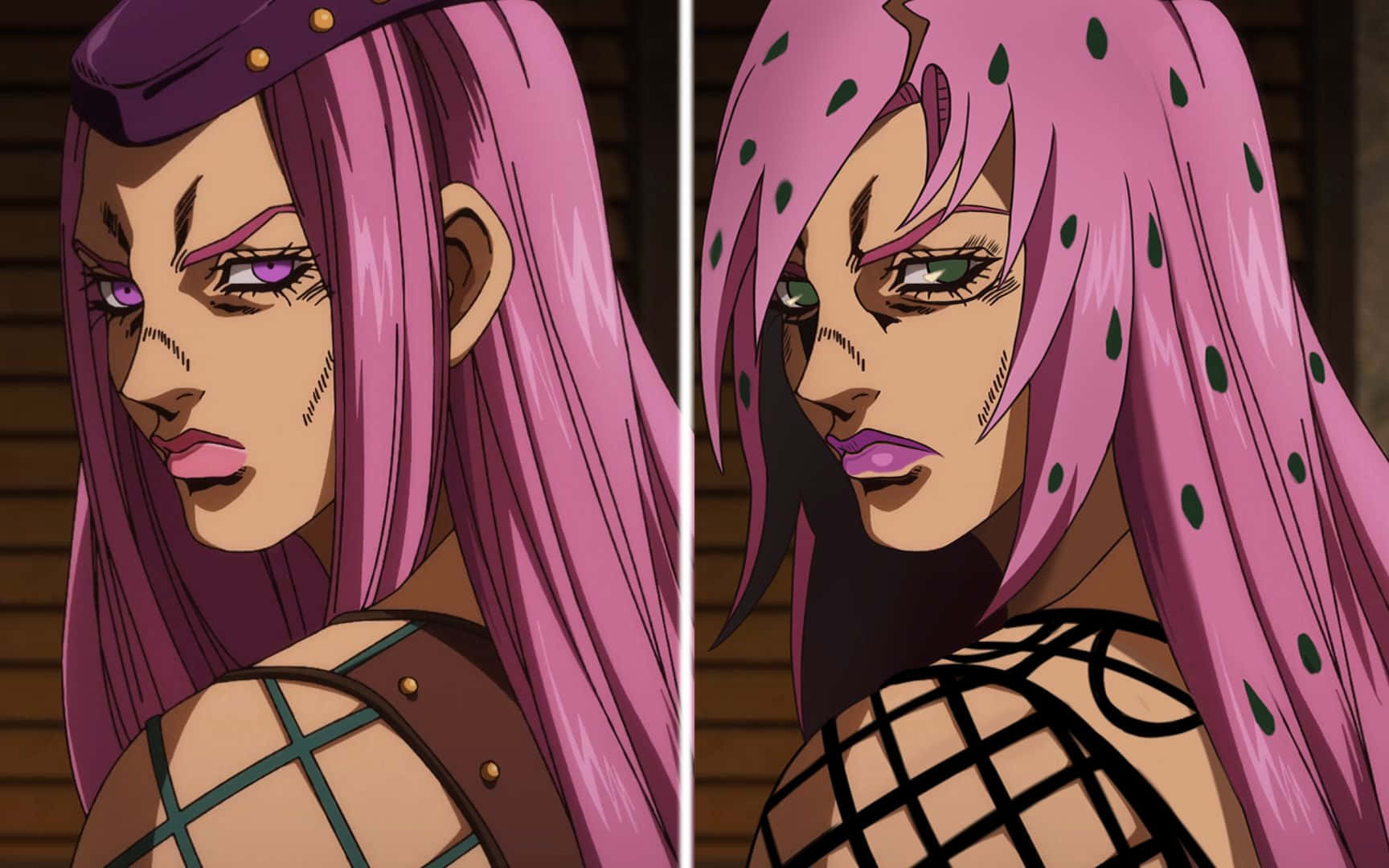 Jojo's Bizarre Adventure Diavolo 桌布 壁紙 — 兩個動漫角色，粉紅色頭髮，眼神強烈，側面輪廓映襯著木製百葉窗。