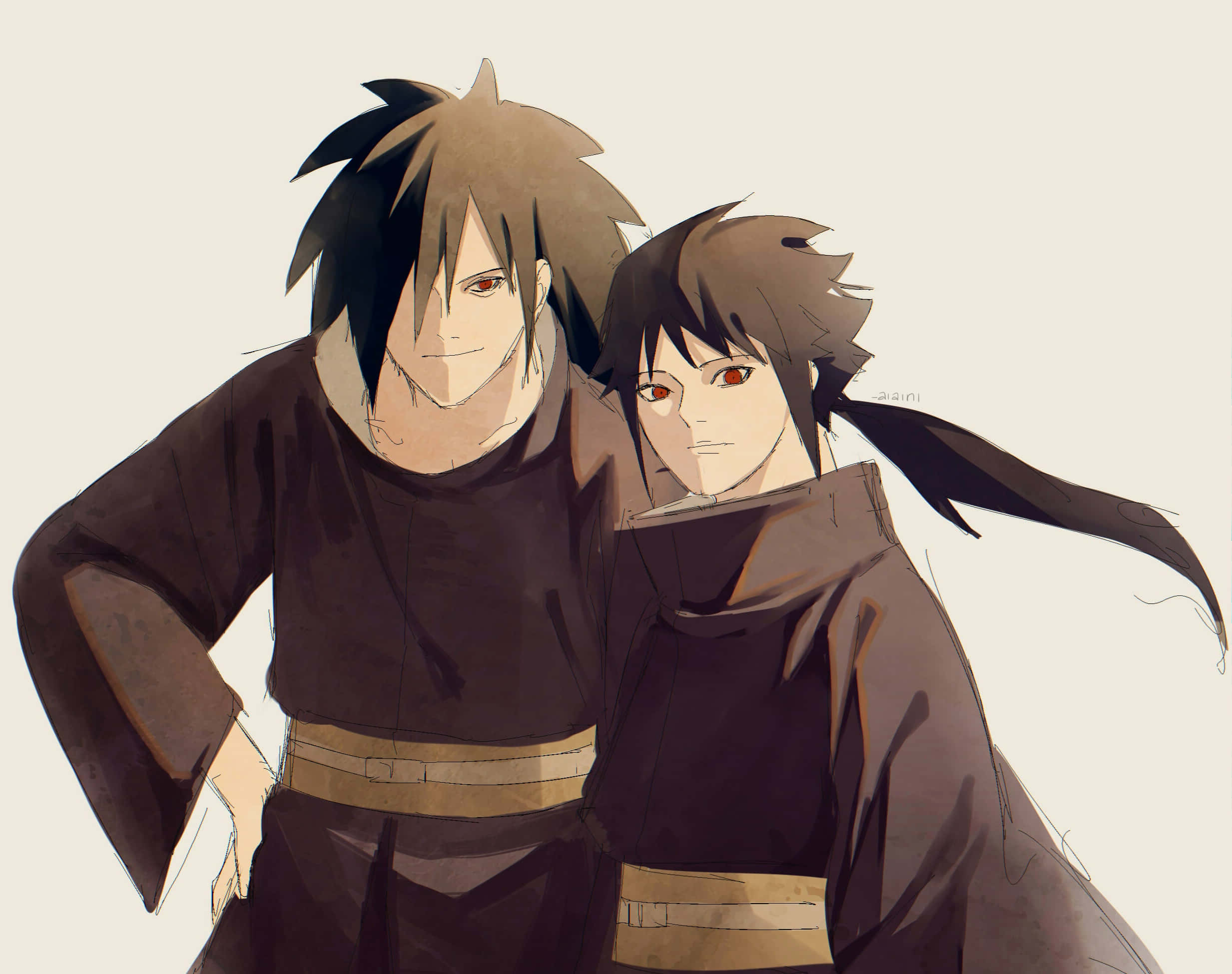 Izuna Uchiha 桌布 壁紙 — 兩個動漫角色，紅眼睛、深色頭髮，身穿棕色長袍，在純色背景前緊密站立。