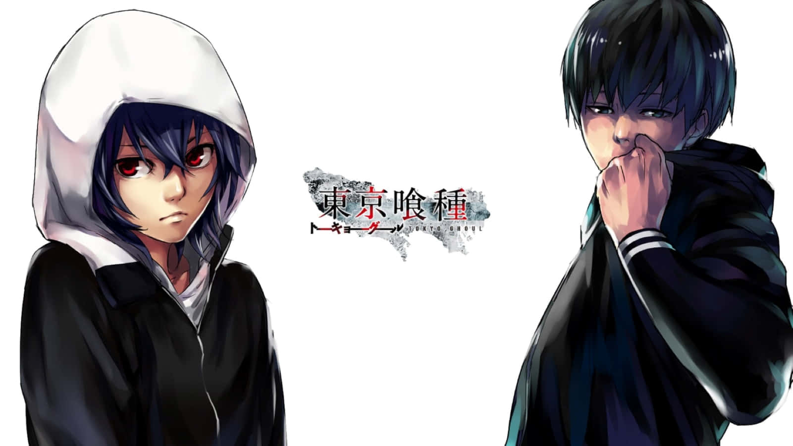 Ayato Kirishima 桌布 壁紙 — 兩個動漫角色，表情強烈，一個穿著白色連帽衫，另一個穿著深色夾克，背景是純白色。