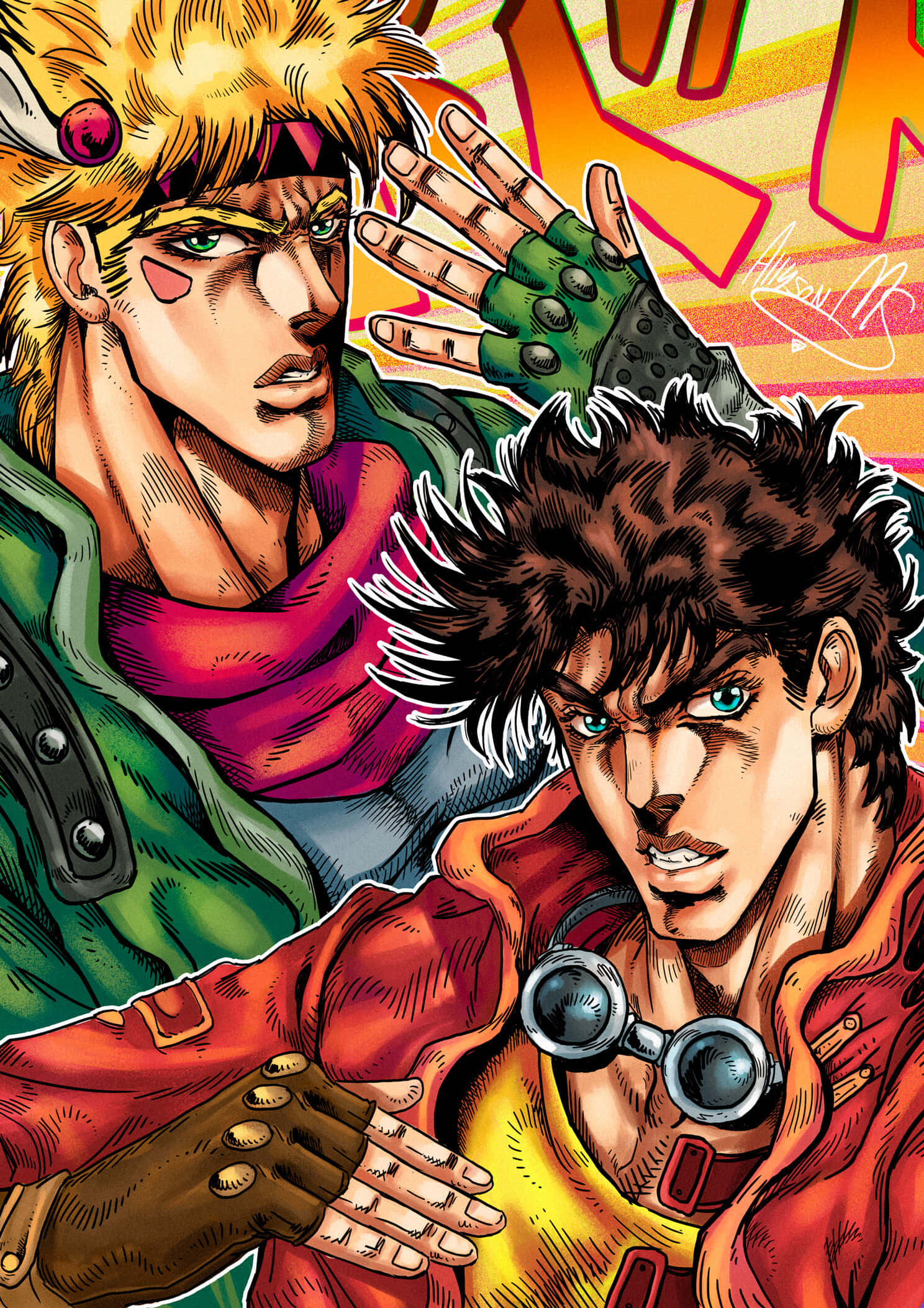 joseph joestar 桌布 壁紙 — 兩個動漫角色，表情強烈，姿勢動感，背景充滿活力的漫畫風格。