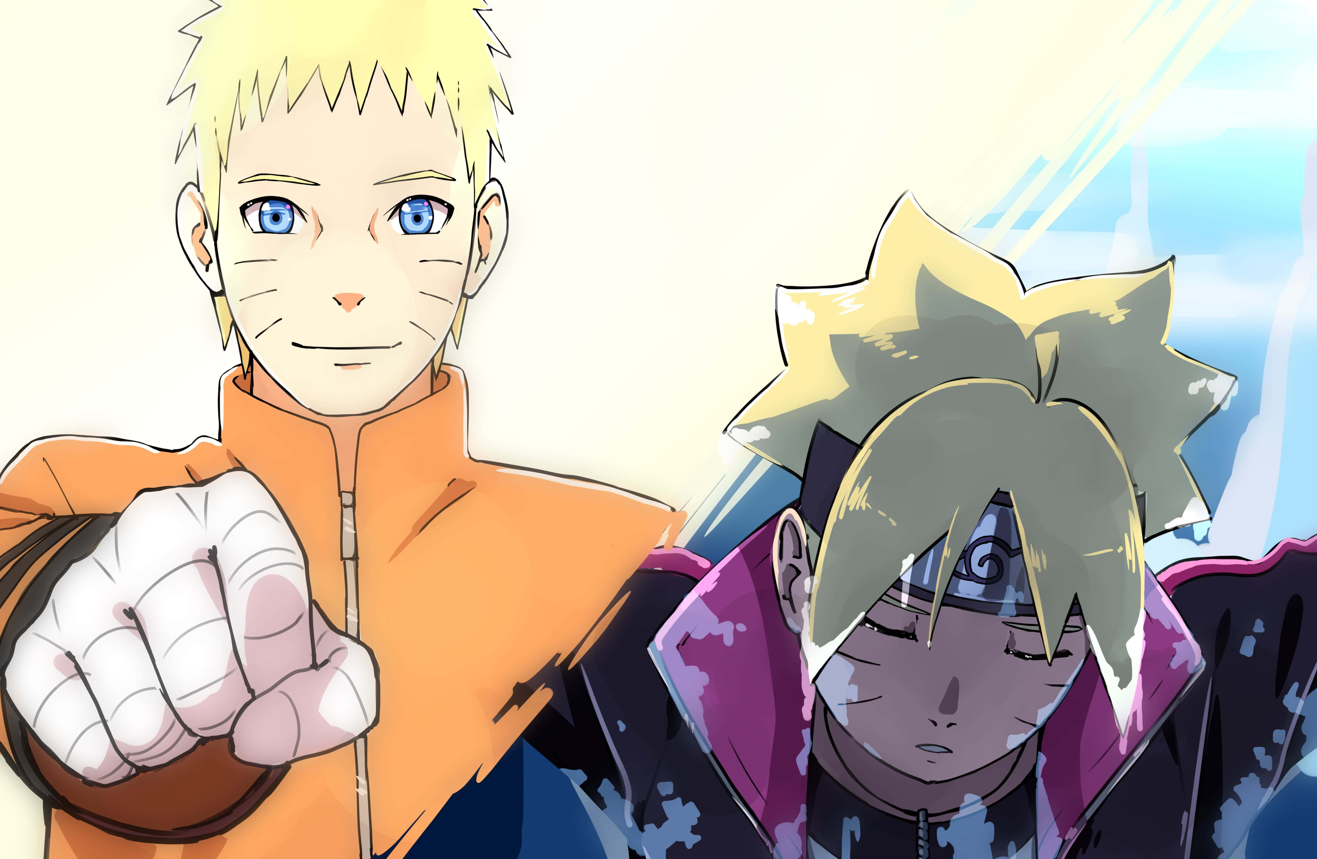 Boruto And Naruto 桌布 壁紙 — 兩個動漫角色，金色尖刺頭髮，一個穿橙色外套指向前方，另一個穿紫色斗篷閉著眼睛。