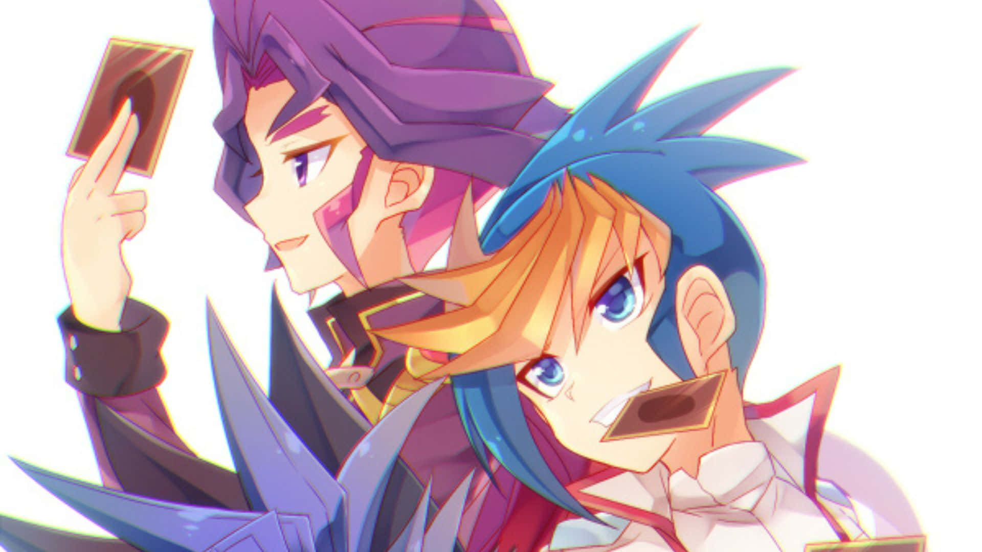Yu-gi-oh Yugo 桌布 壁紙 — 兩個動漫角色，頭髮尖刺，在明亮的白色背景上拿著卡片，輪廓清晰，色彩鮮豔。